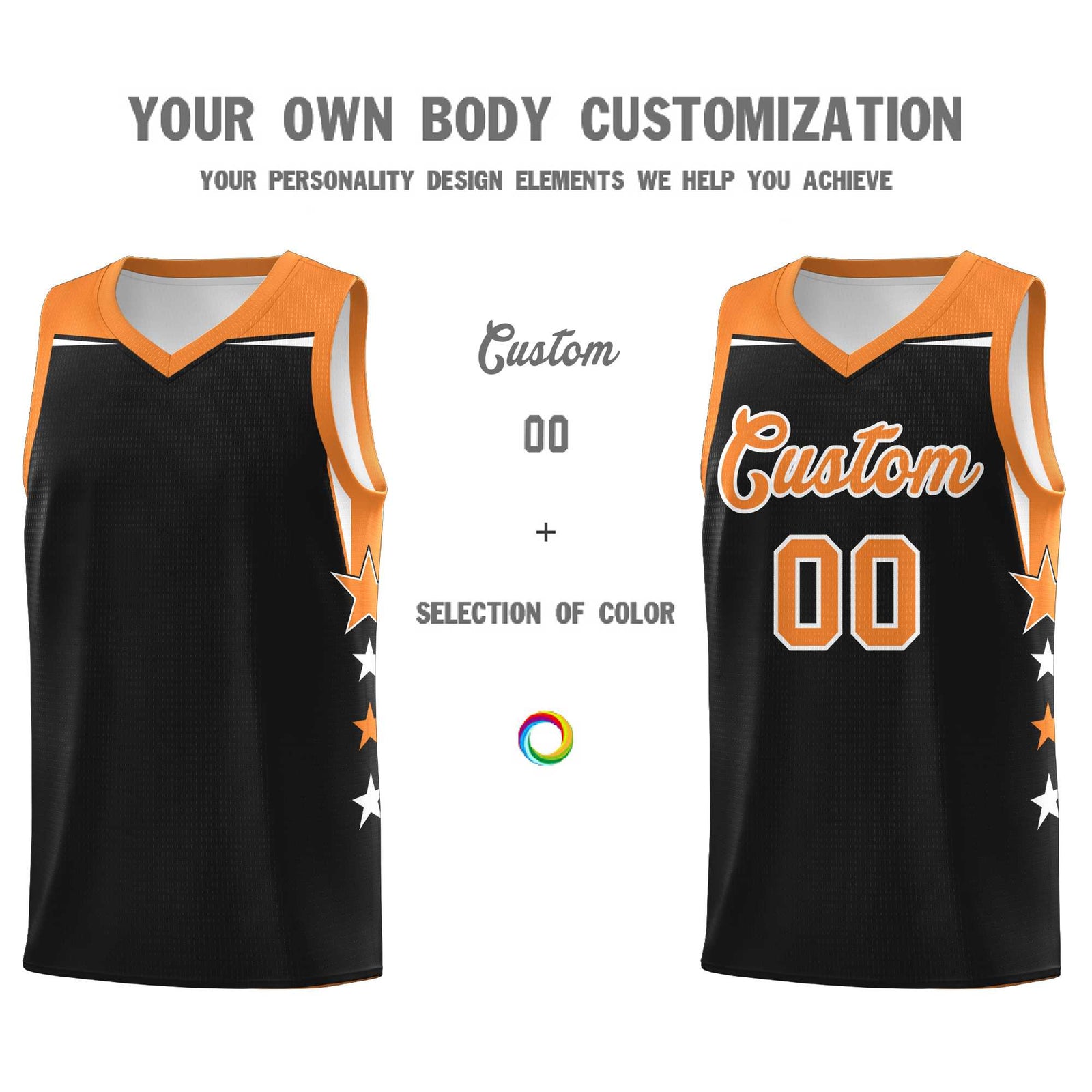 Custom Youth Basketball Uniform Black Gold Orange Two Tone Side Star Personalized Team Jersey
