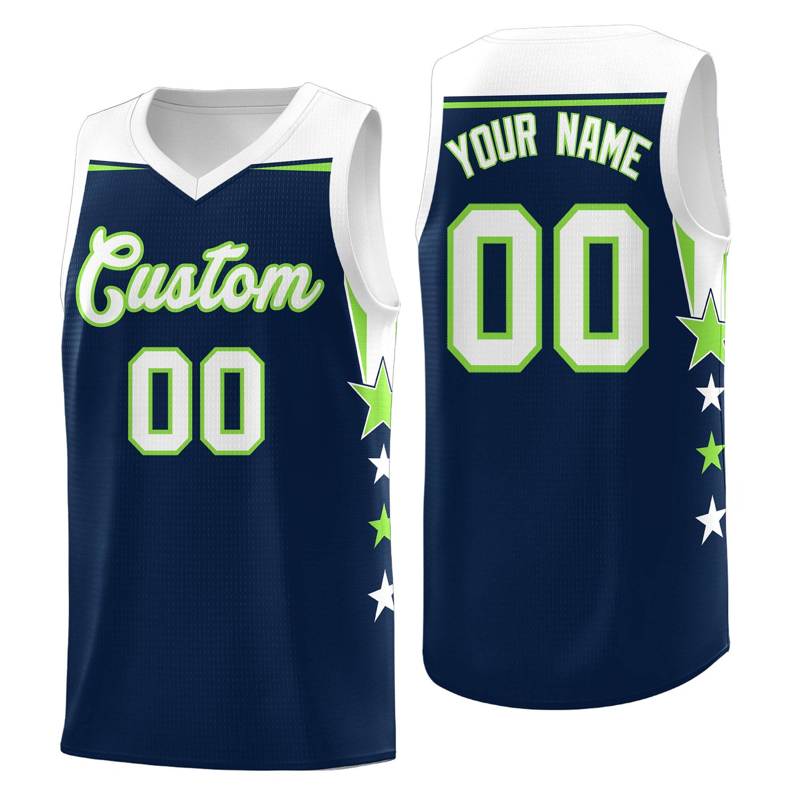 Custom Youth Basketball Uniform Navy White Two Tone Side Star Add Name Number & Logo