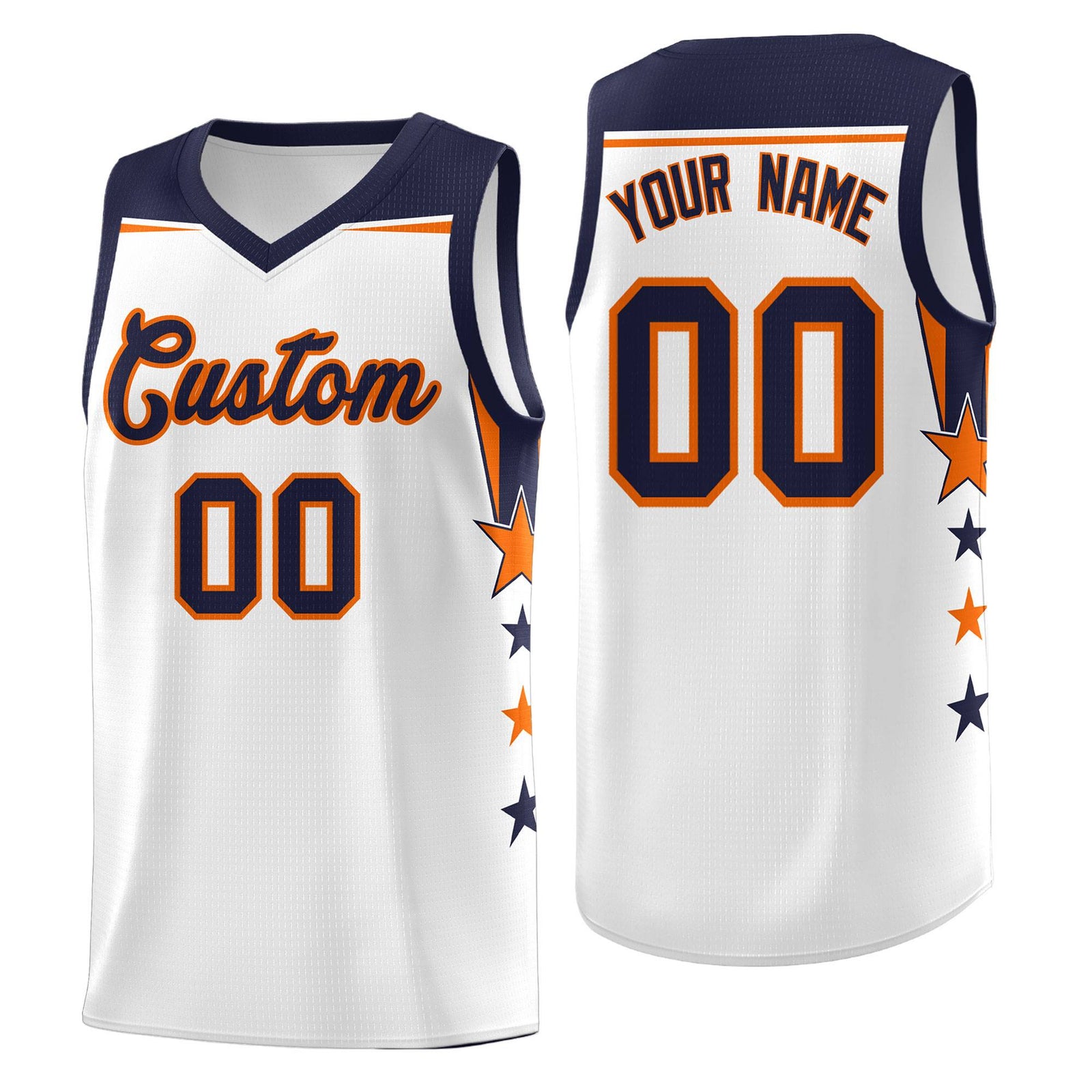 Custom Youth Basketball Uniform White Navy Two Tone Side Star Add Name Number & Logo
