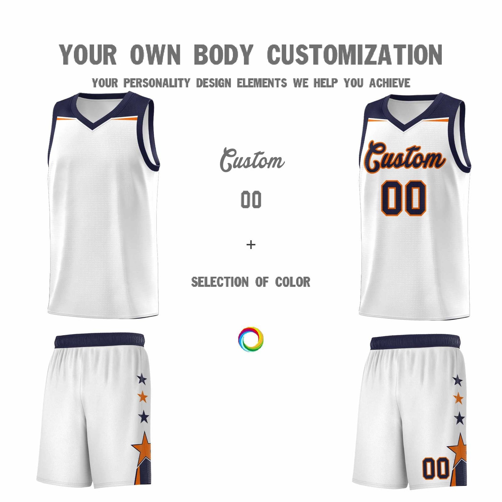 Custom Youth Basketball Uniform White Navy Two Tone Side Star Add Name Number & Logo