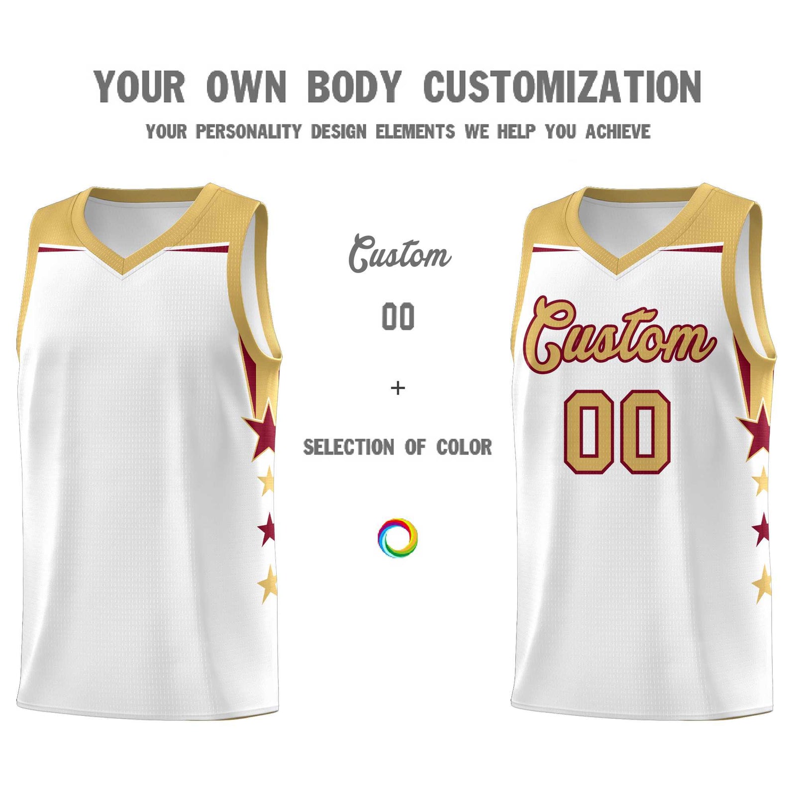 Custom Youth Basketball Uniform White Old Gold Two Tone Side Star Add Name Number & Logo