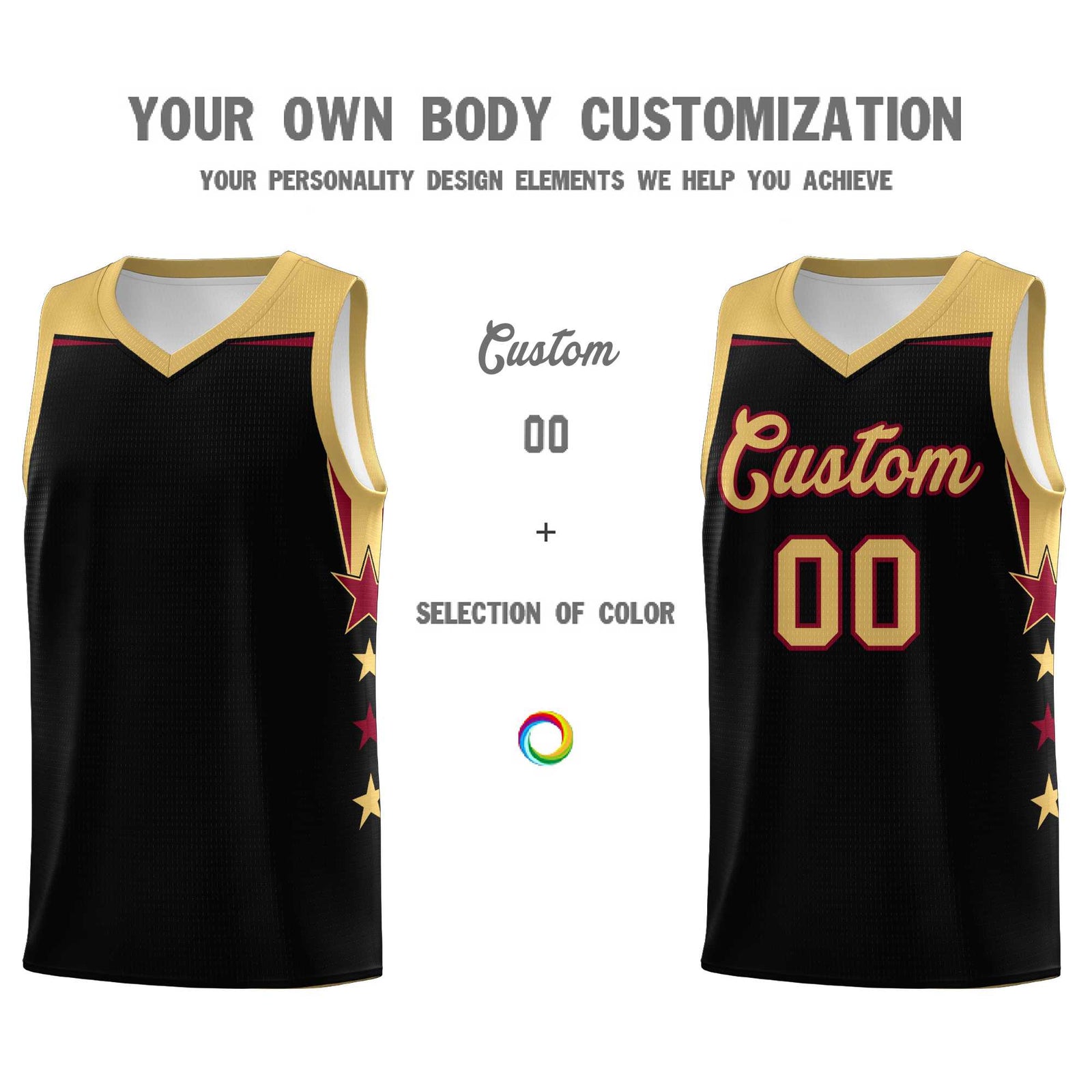 Custom Youth Basketball Uniform Black Old Gold Two Tone Side Star Add Name Number & Logo