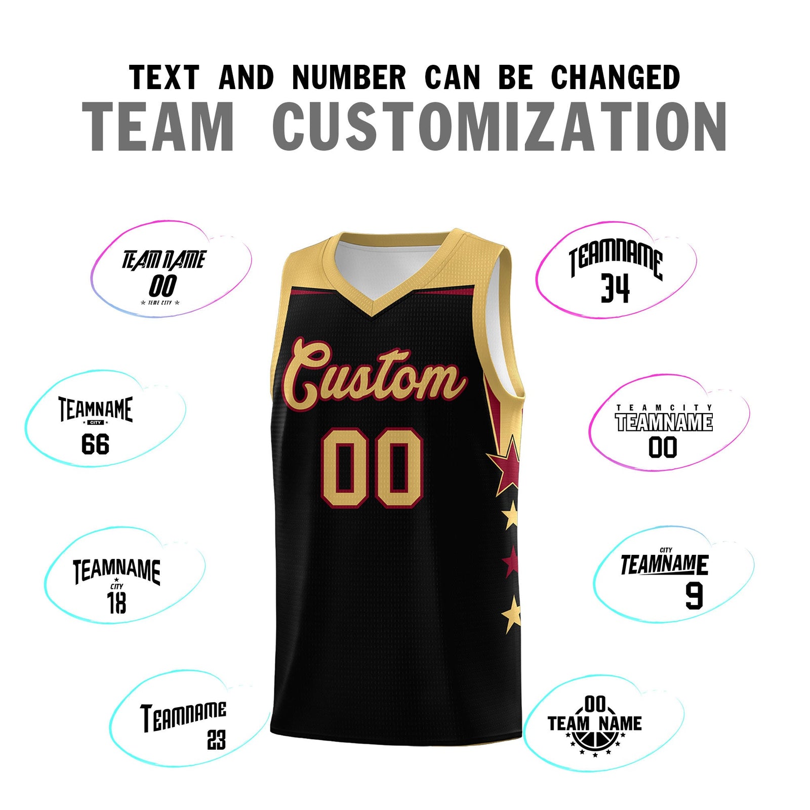 Custom Youth Basketball Uniform Black Old Gold Two Tone Side Star Add Name Number & Logo