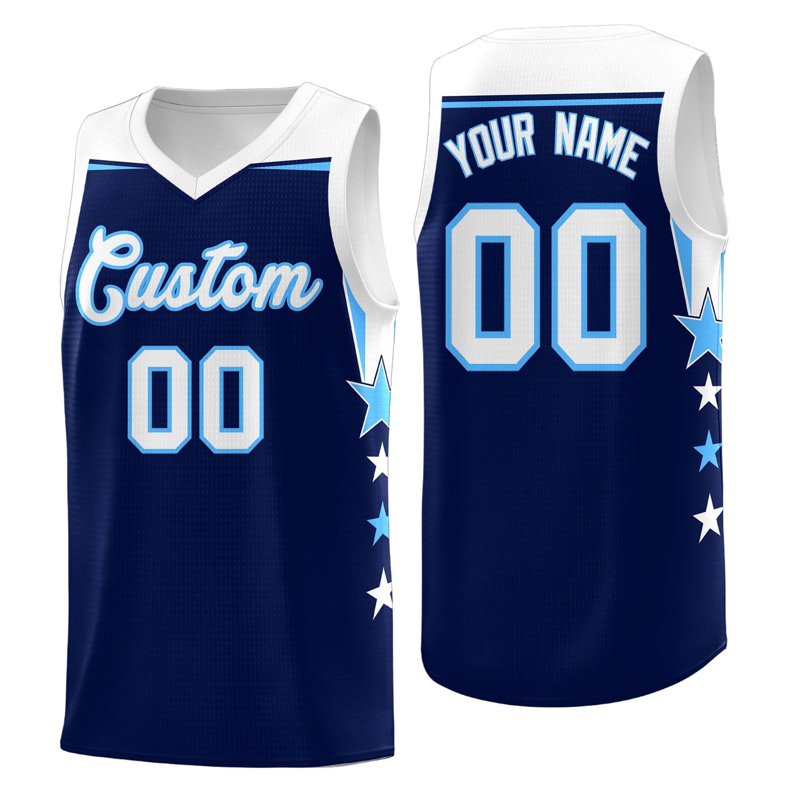 Custom Youth Basketball Uniform Navy White Two Tone Side Star Personalized Team Jersey