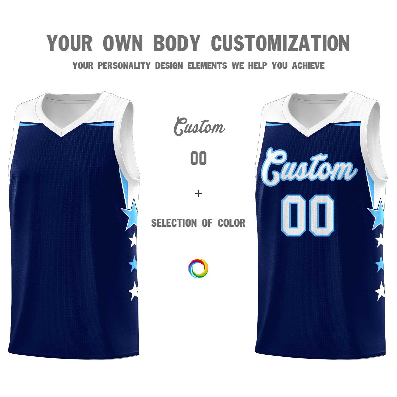Custom Youth Basketball Uniform Navy White Two Tone Side Star Personalized Team Jersey
