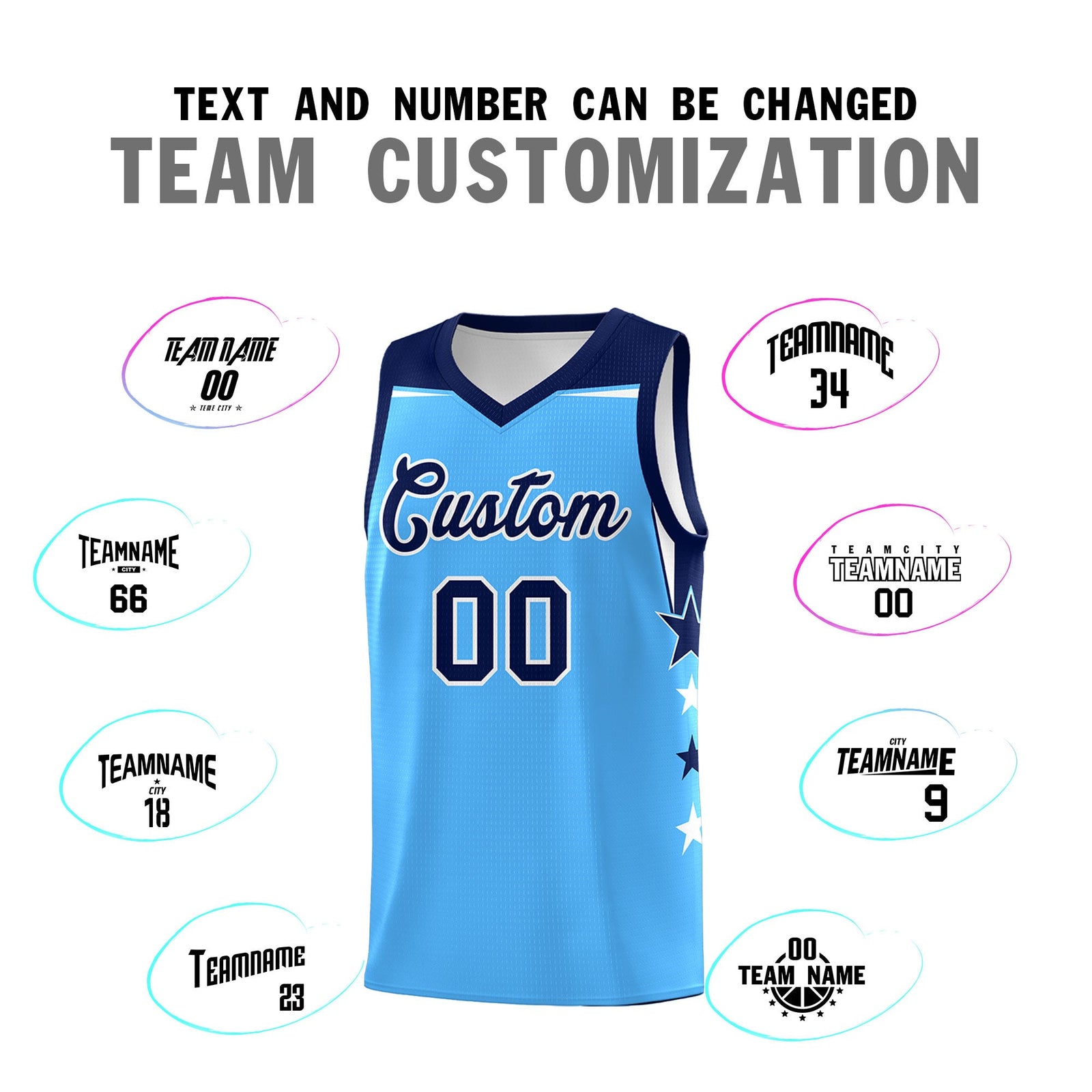 Custom Youth Basketball Uniform Powder Blue Navy Two Tone Side Star Color Block Team Jersey