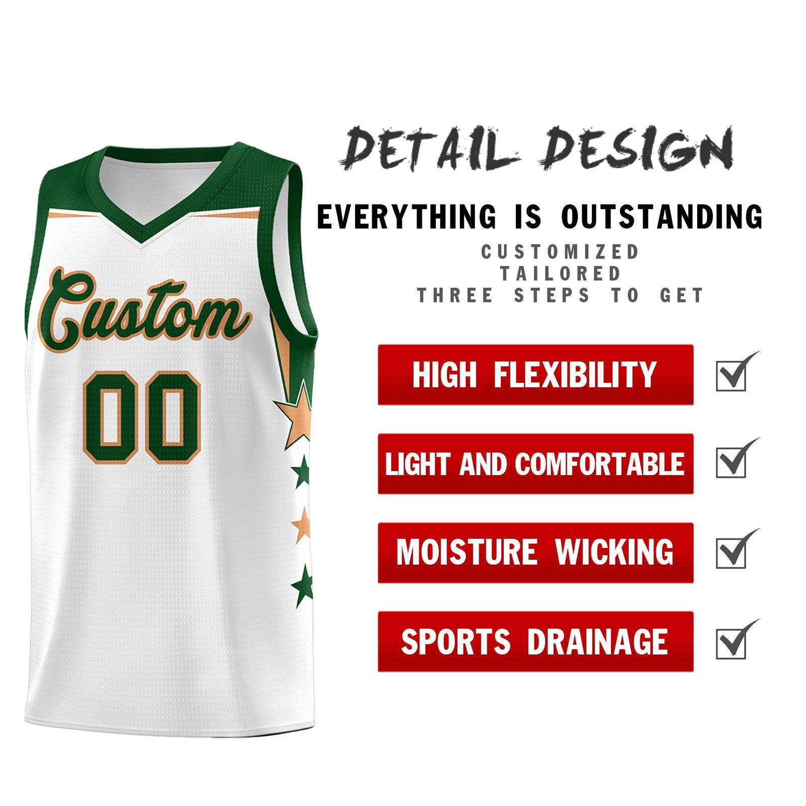 Custom Youth Basketball Uniform White Green Two Tone Side Star Add Name Number & Logo