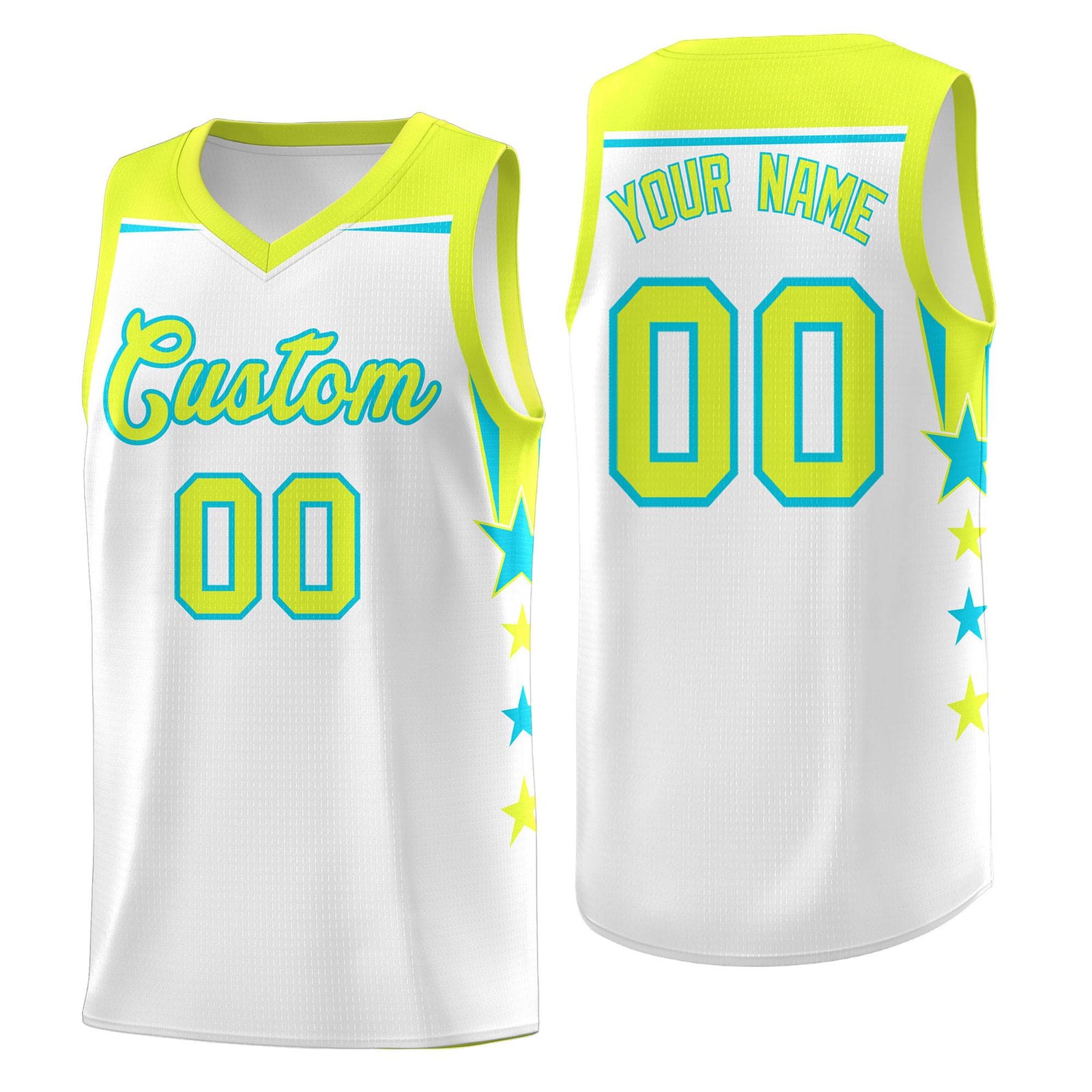 Custom Youth Basketball Uniform White Fluorescent Green Two Tone Side Star Add Name Number & Logo