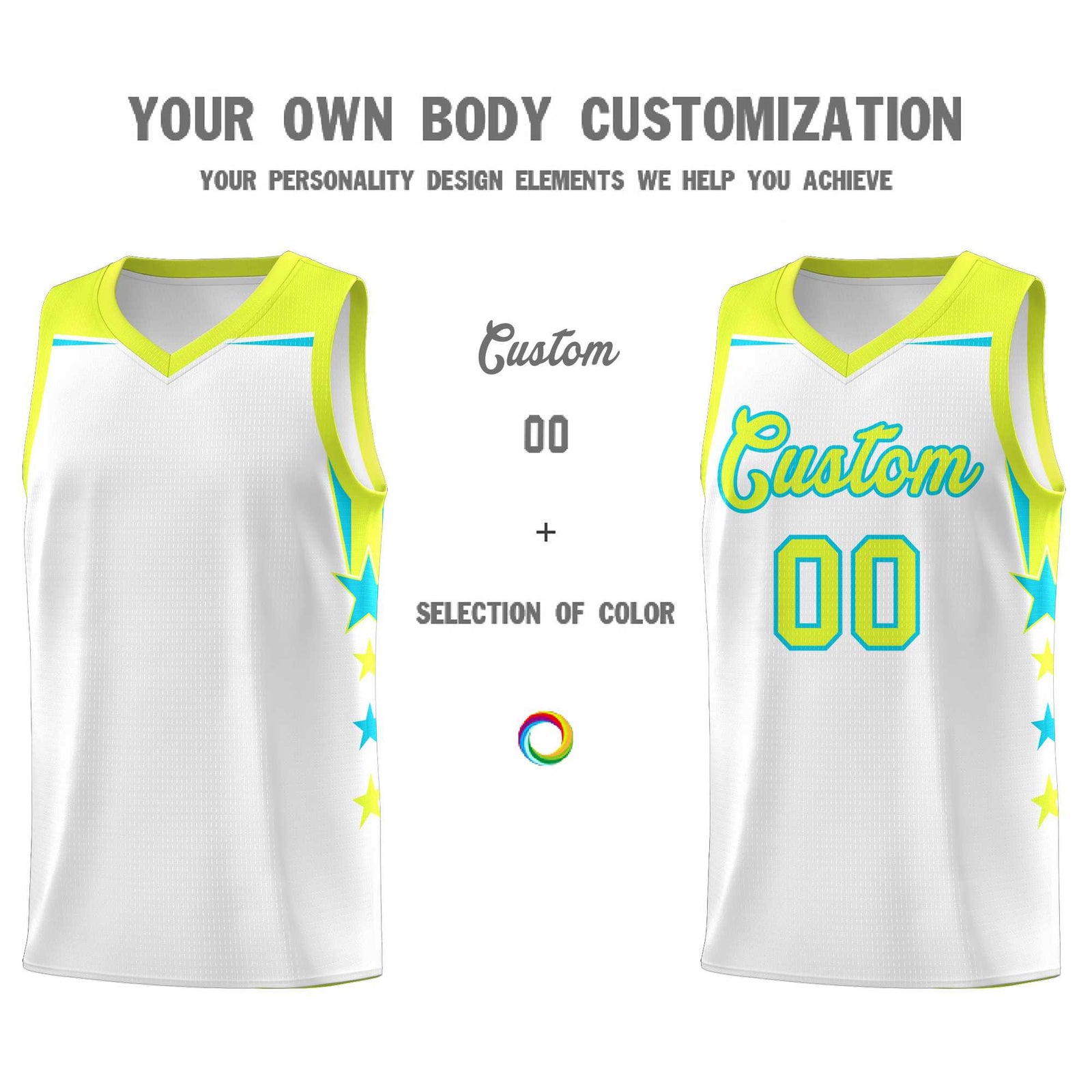 Custom Youth Basketball Uniform White Fluorescent Green Two Tone Side Star Add Name Number & Logo