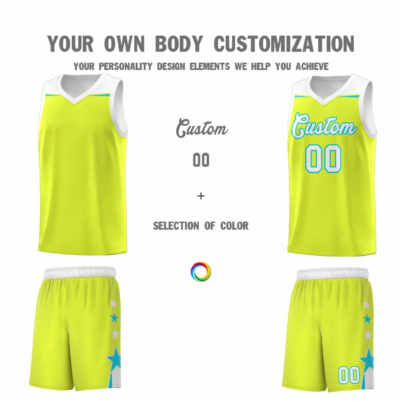 Custom Youth Basketball Uniform Fluorescent Green White Two Tone Side Star Personalized Team Jersey