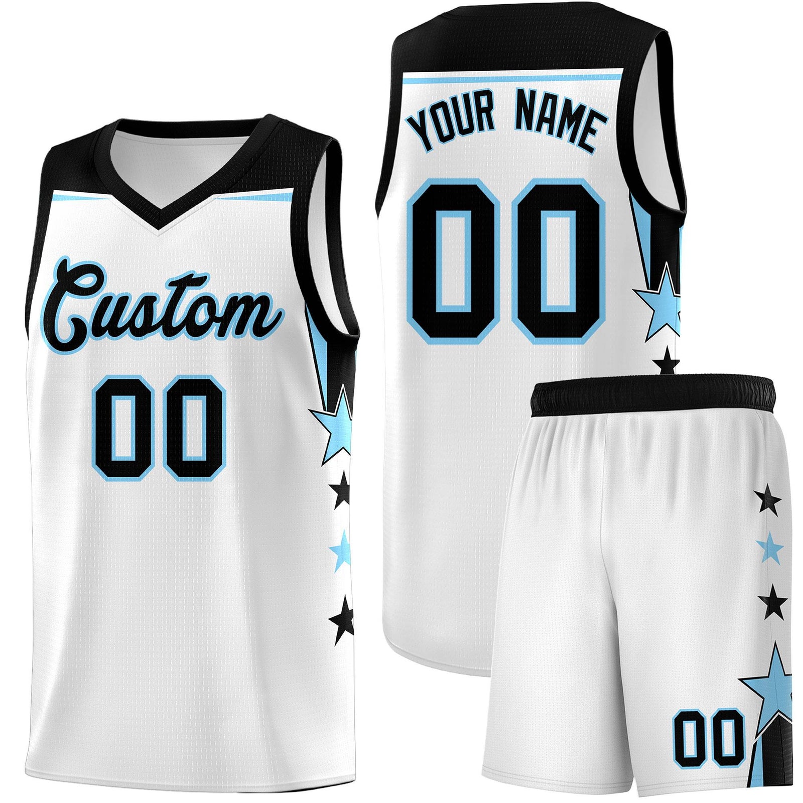 Custom Youth Basketball Uniform White Light Blue Two Tone Side Star Add Name Number & Logo