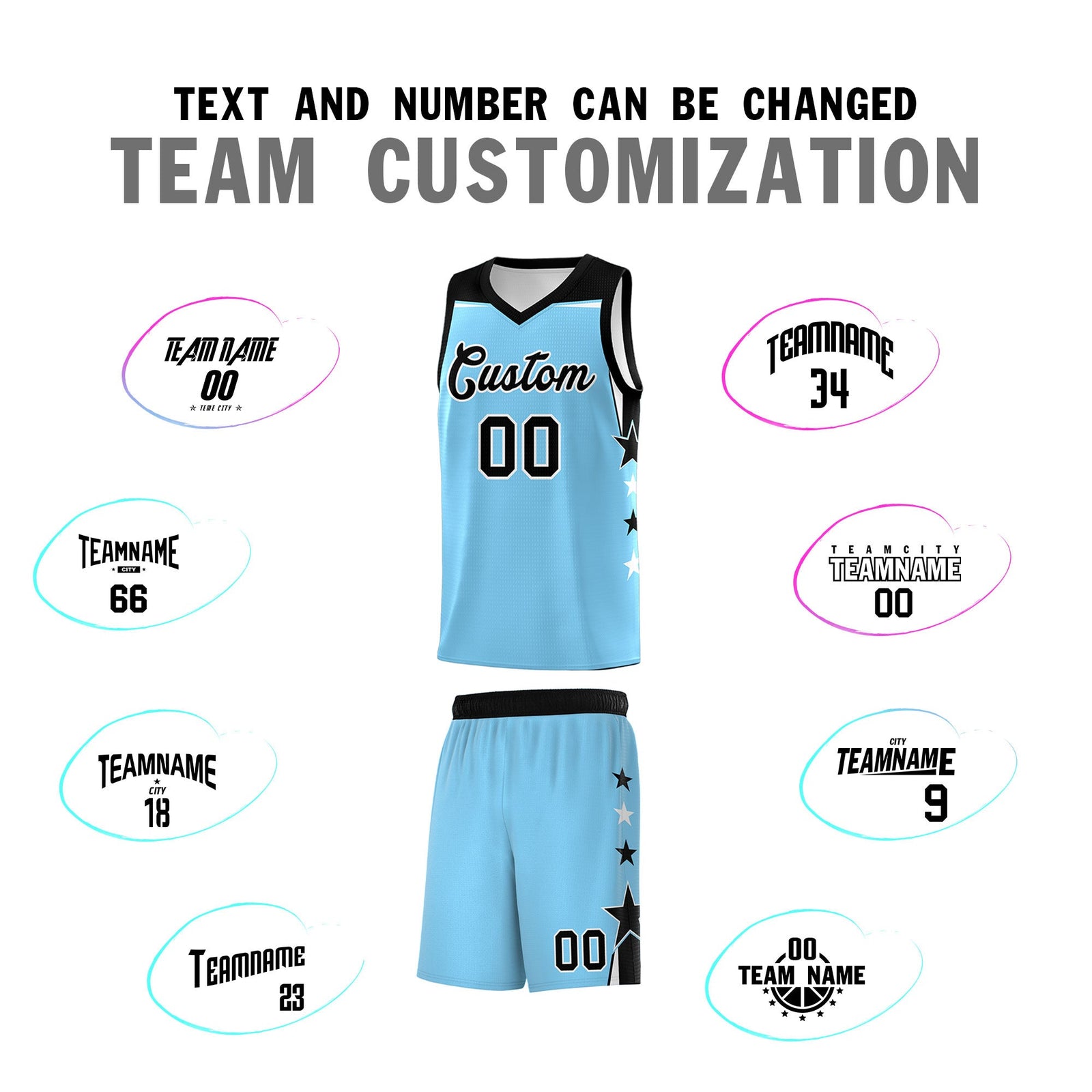 Custom Youth Basketball Uniform Light Blue Black Two Tone Side Star Color Block Team Jersey