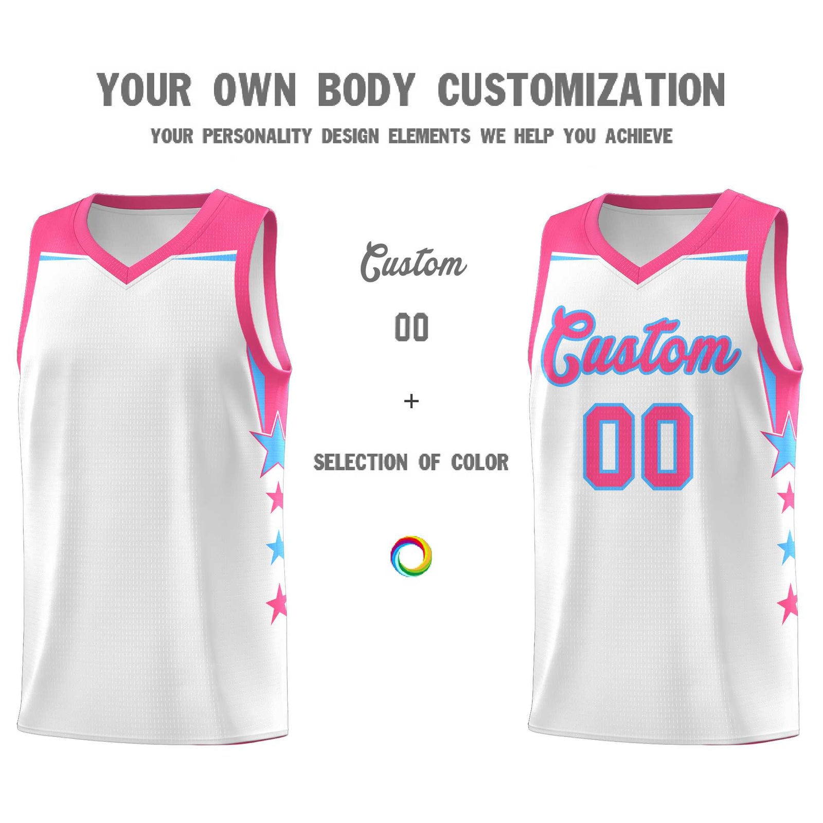 Custom Youth Basketball Uniform White Pink Two Tone Side Star Add Name Number & Logo