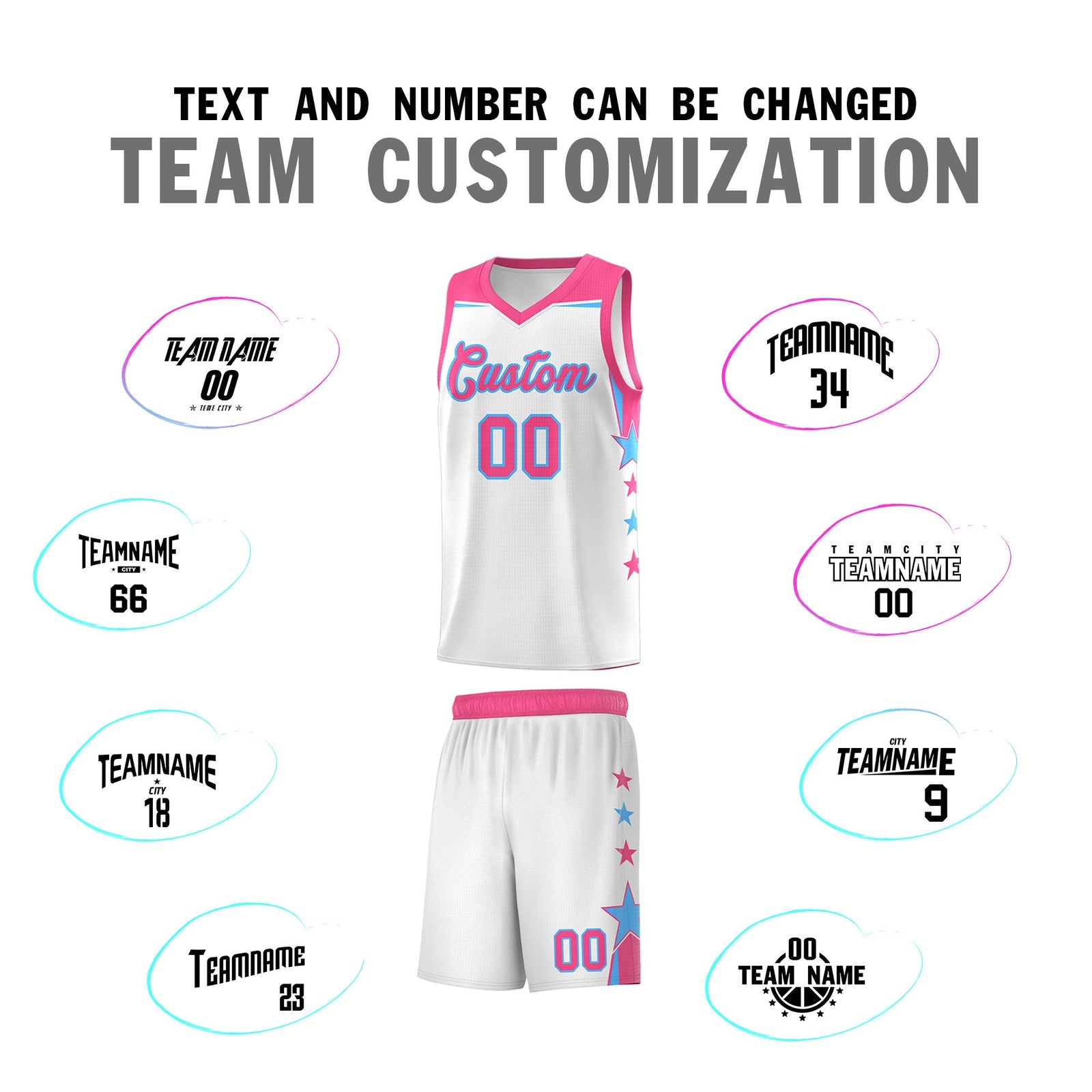 Custom Youth Basketball Uniform White Pink Two Tone Side Star Add Name Number & Logo