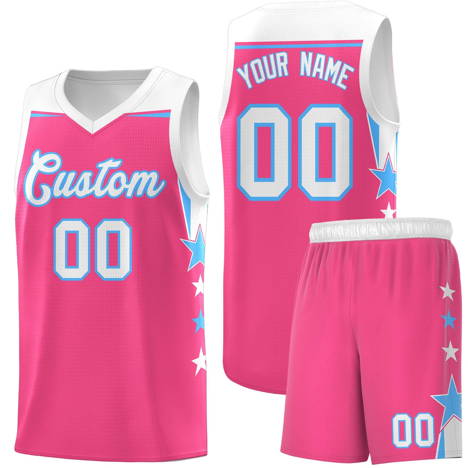 Custom Youth Basketball Uniform Pink White Two Tone Side Star Personalized Team Jersey