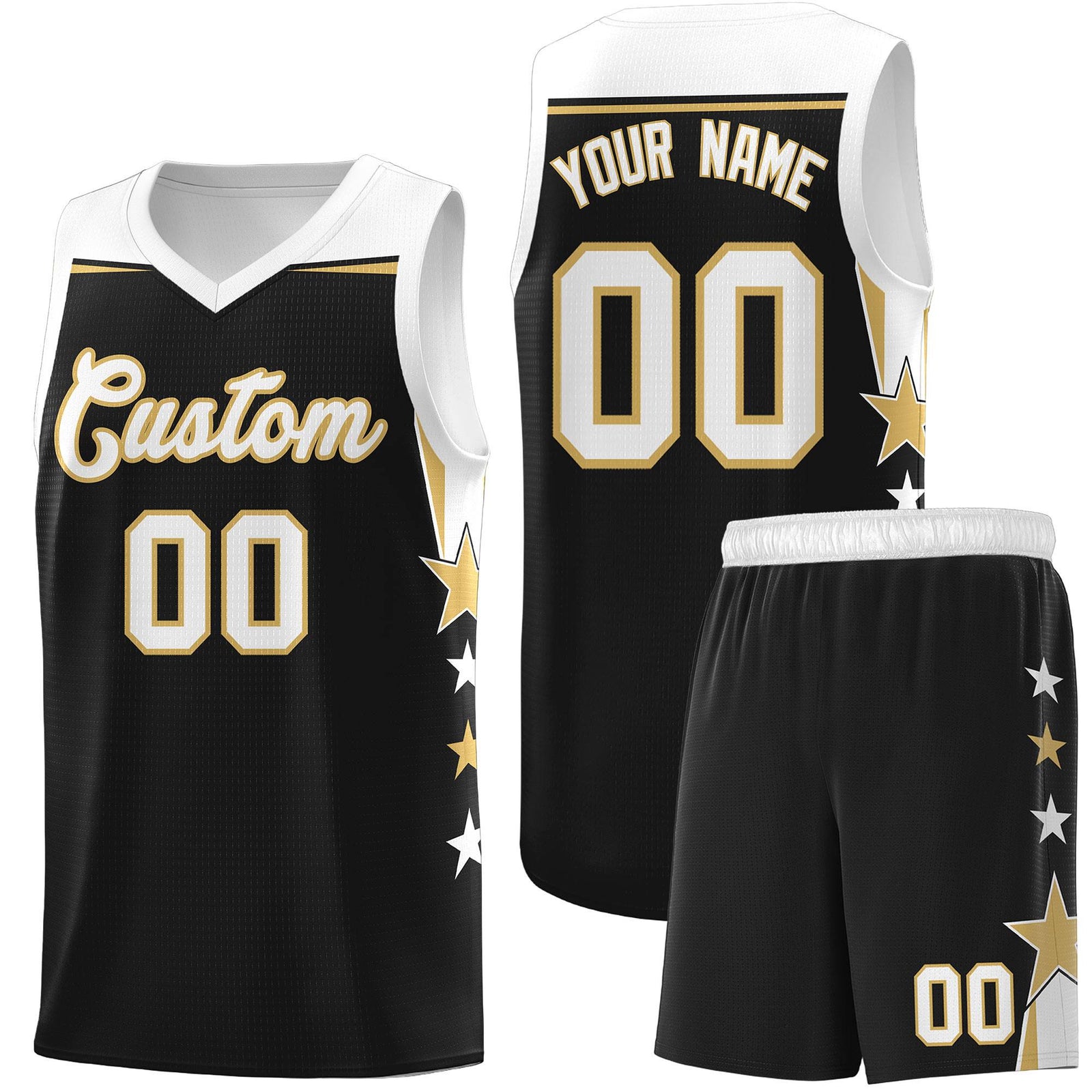 Custom Youth Basketball Uniform Black White Two Tone Side Star Personalized Team Jersey