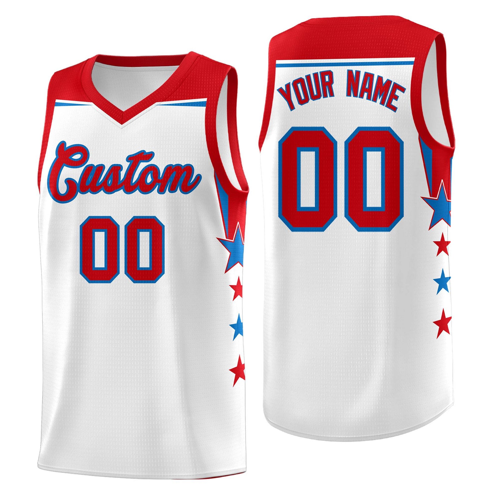 Custom Youth Basketball Uniform White Red Two Tone Side Star Add Name Number & Logo