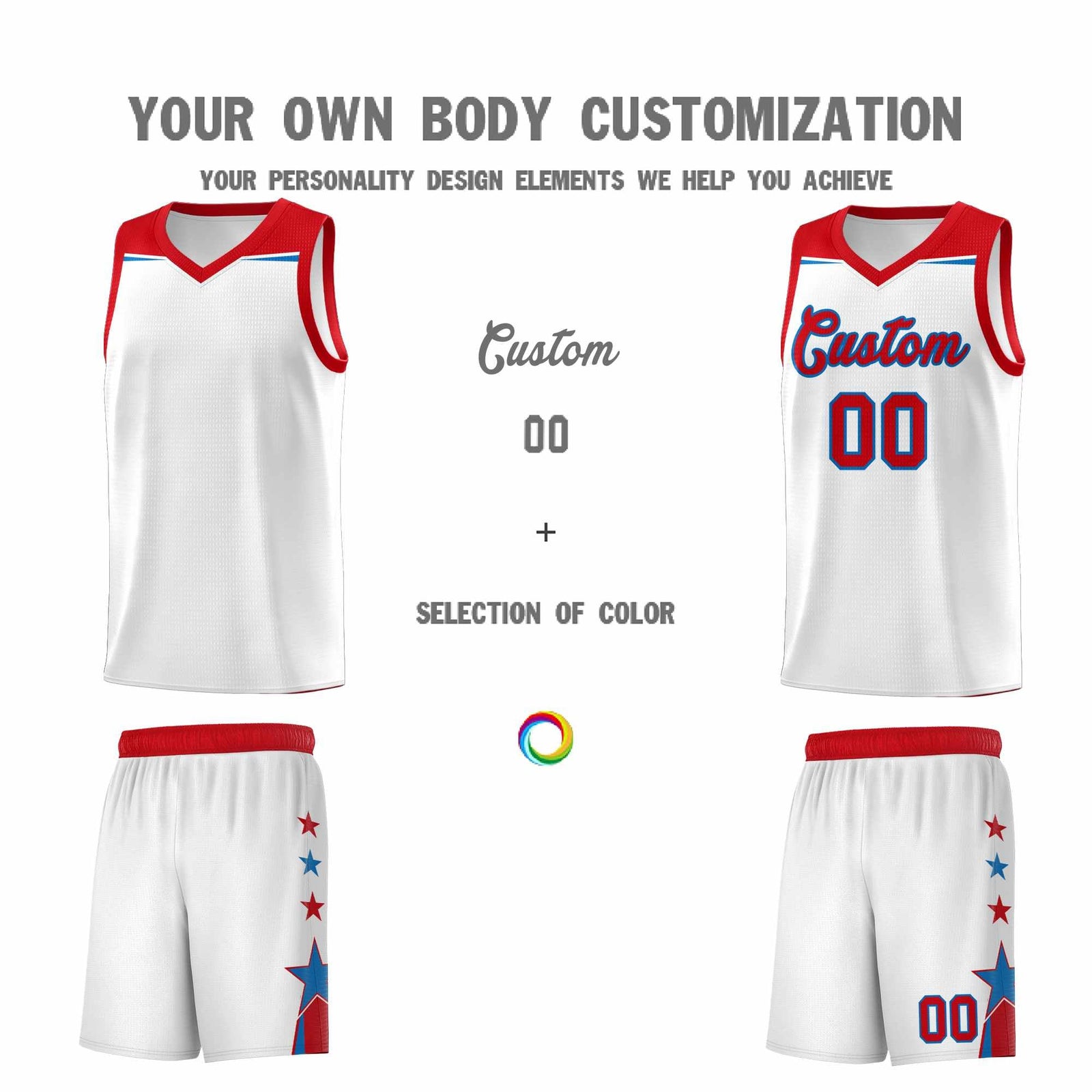 Custom Youth Basketball Uniform White Red Two Tone Side Star Add Name Number & Logo