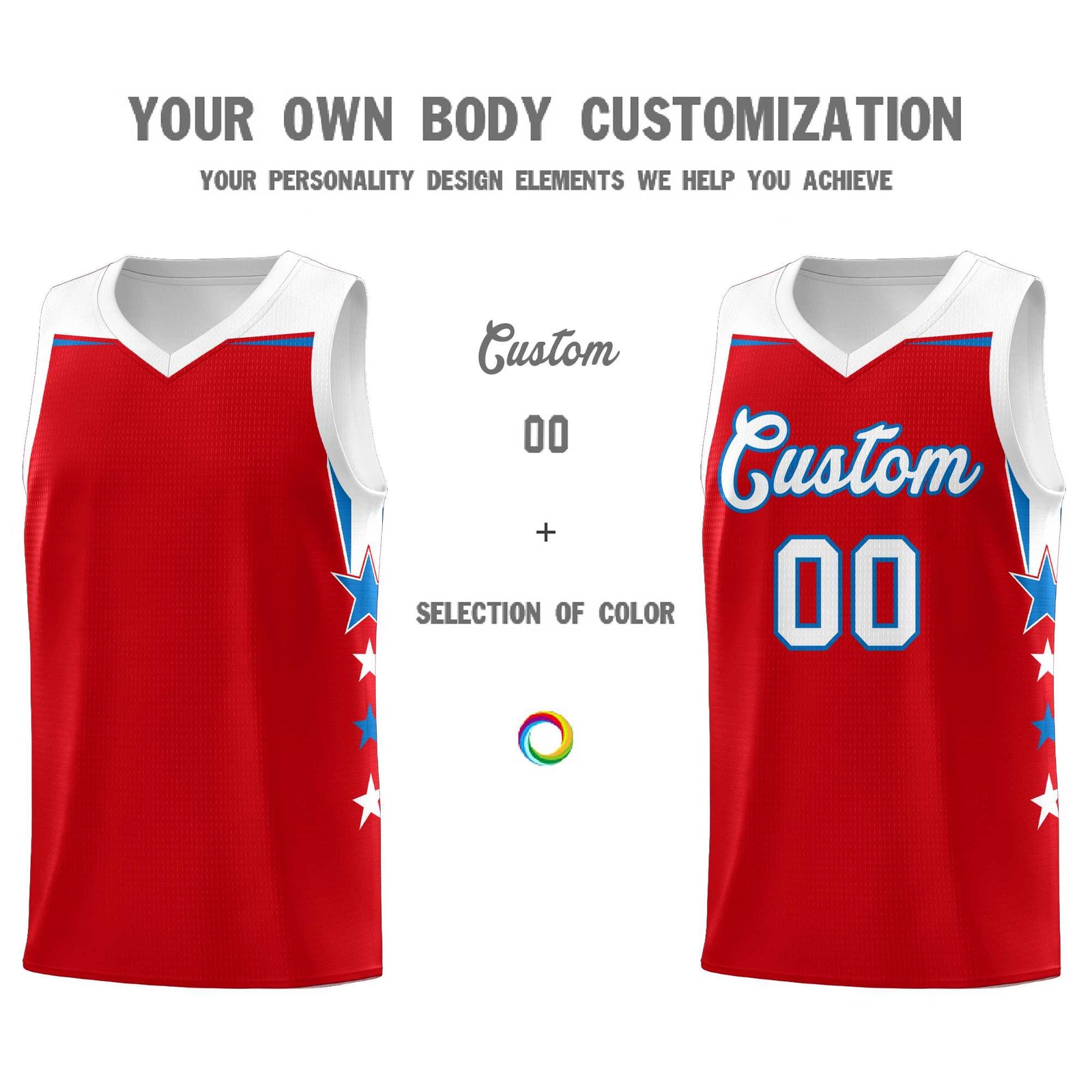 Custom Youth Basketball Uniform Red White Two Tone Side Star Personalized Team Jersey