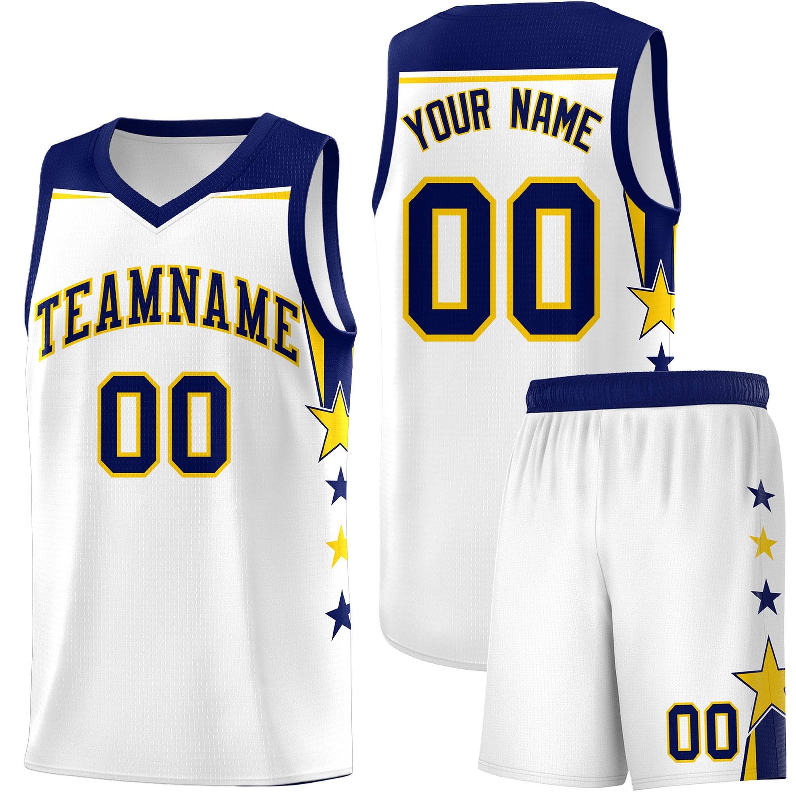Custom Youth Basketball Uniform White Navy Two Tone Side Star Personalized Team Jersey