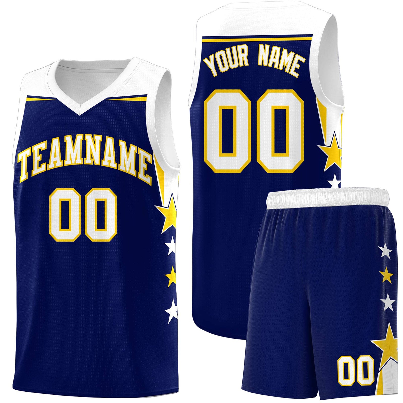 Custom Youth Basketball Uniform Navy White Two Tone Side Star Add Name Number & Logo