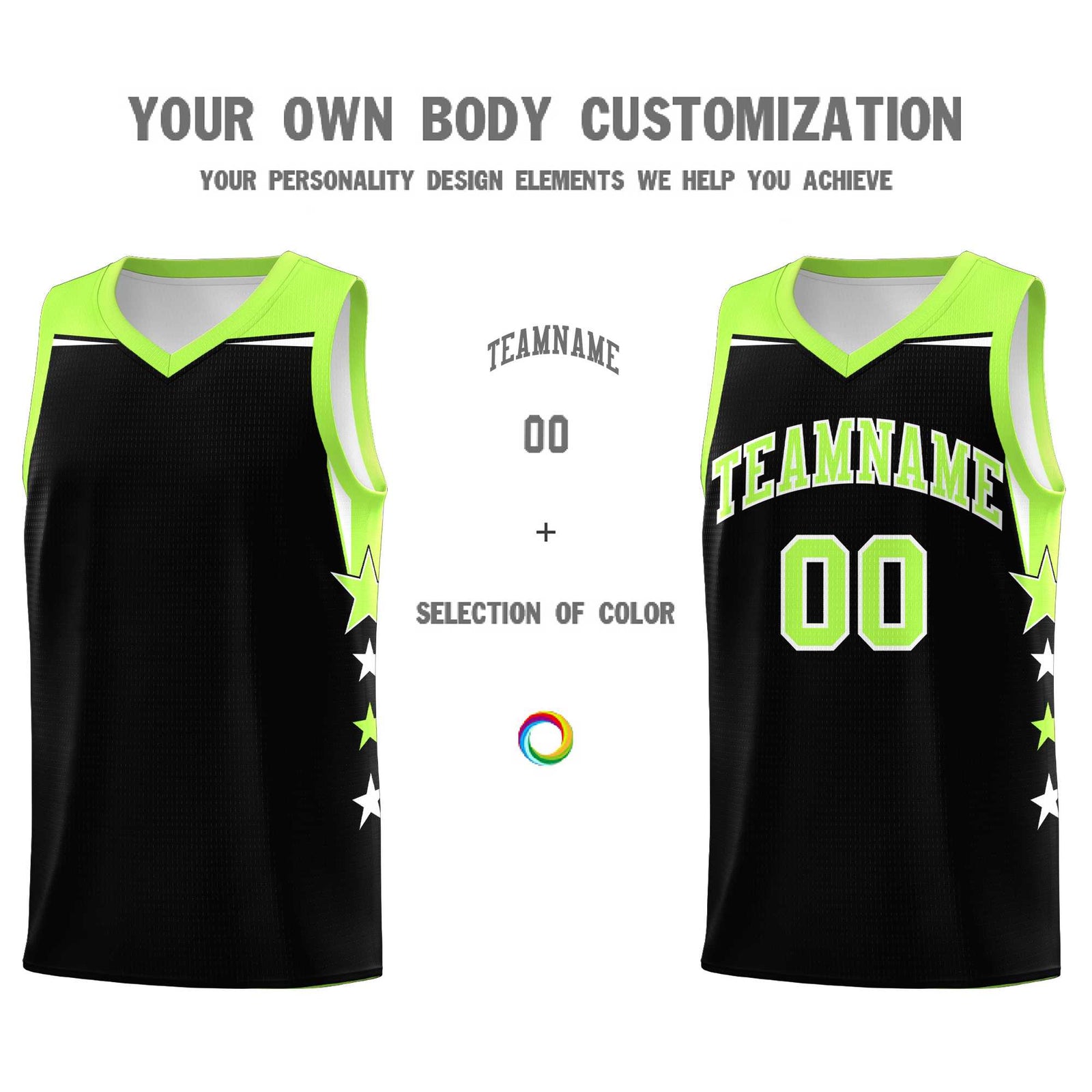Custom Youth Basketball Uniform Black Fluorescent Green Two Tone Side Star Personalized Team Jersey