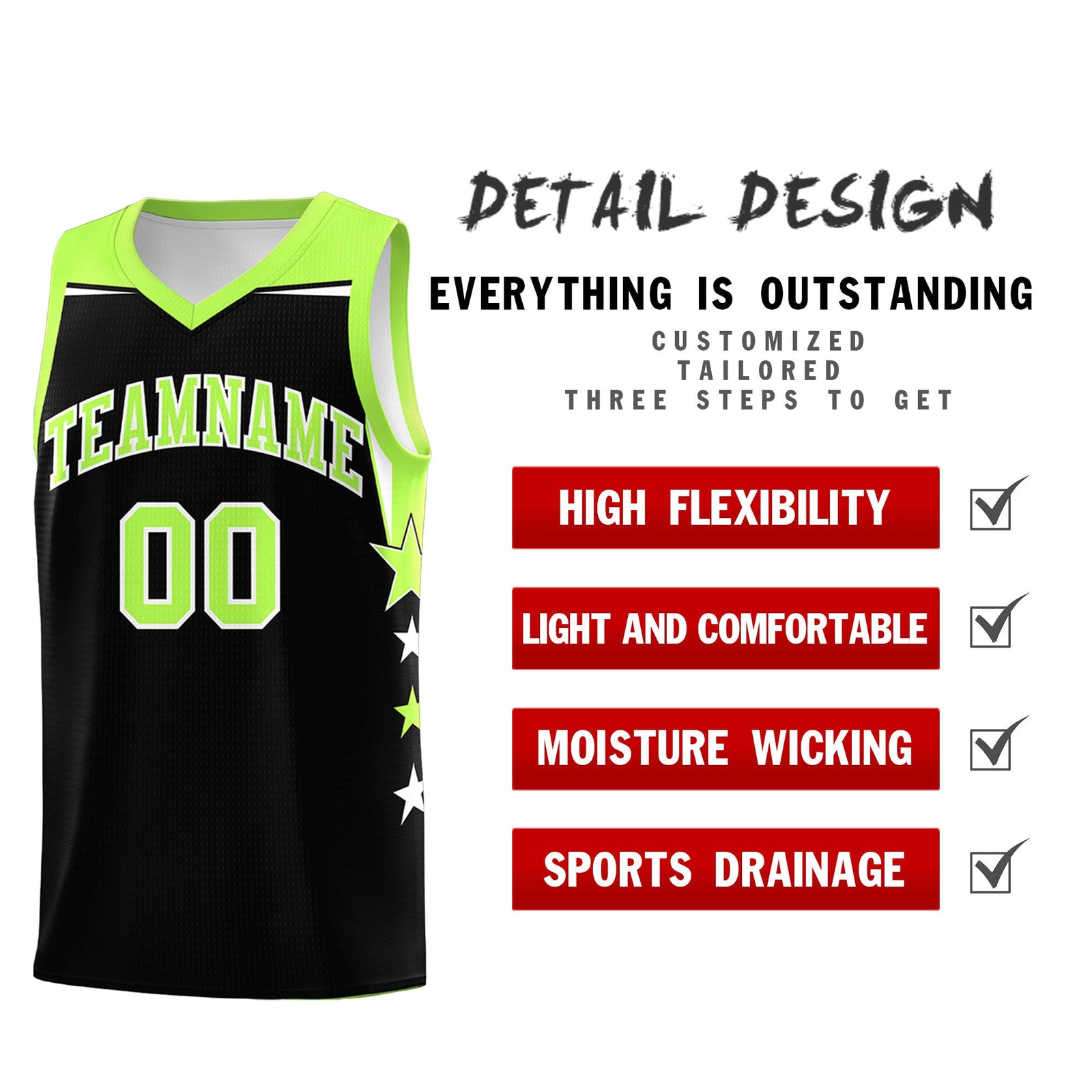 Custom Youth Basketball Uniform Black Fluorescent Green Two Tone Side Star Personalized Team Jersey