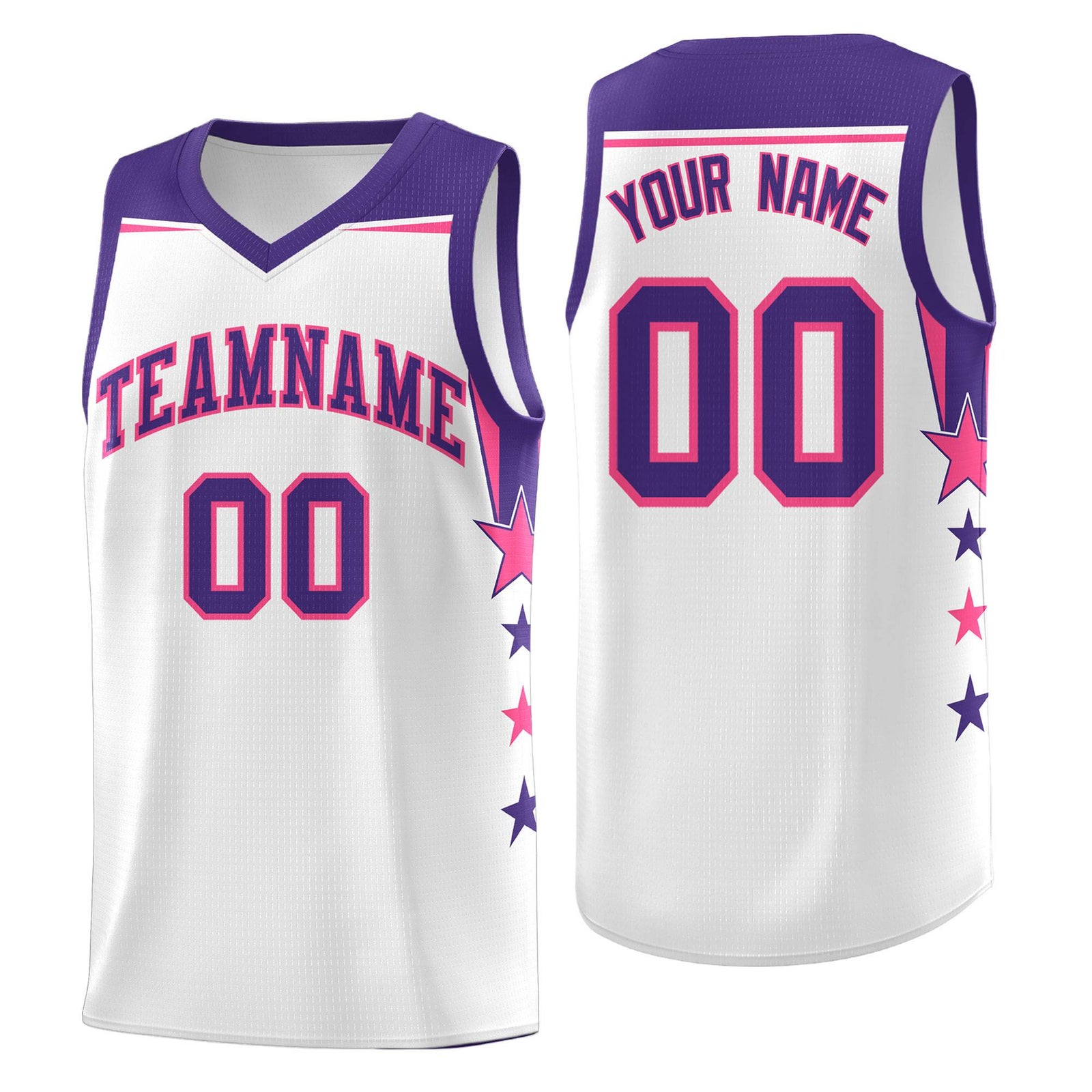 Custom Youth Basketball Uniform White Purple Two Tone Side Star Color Block Team Jersey