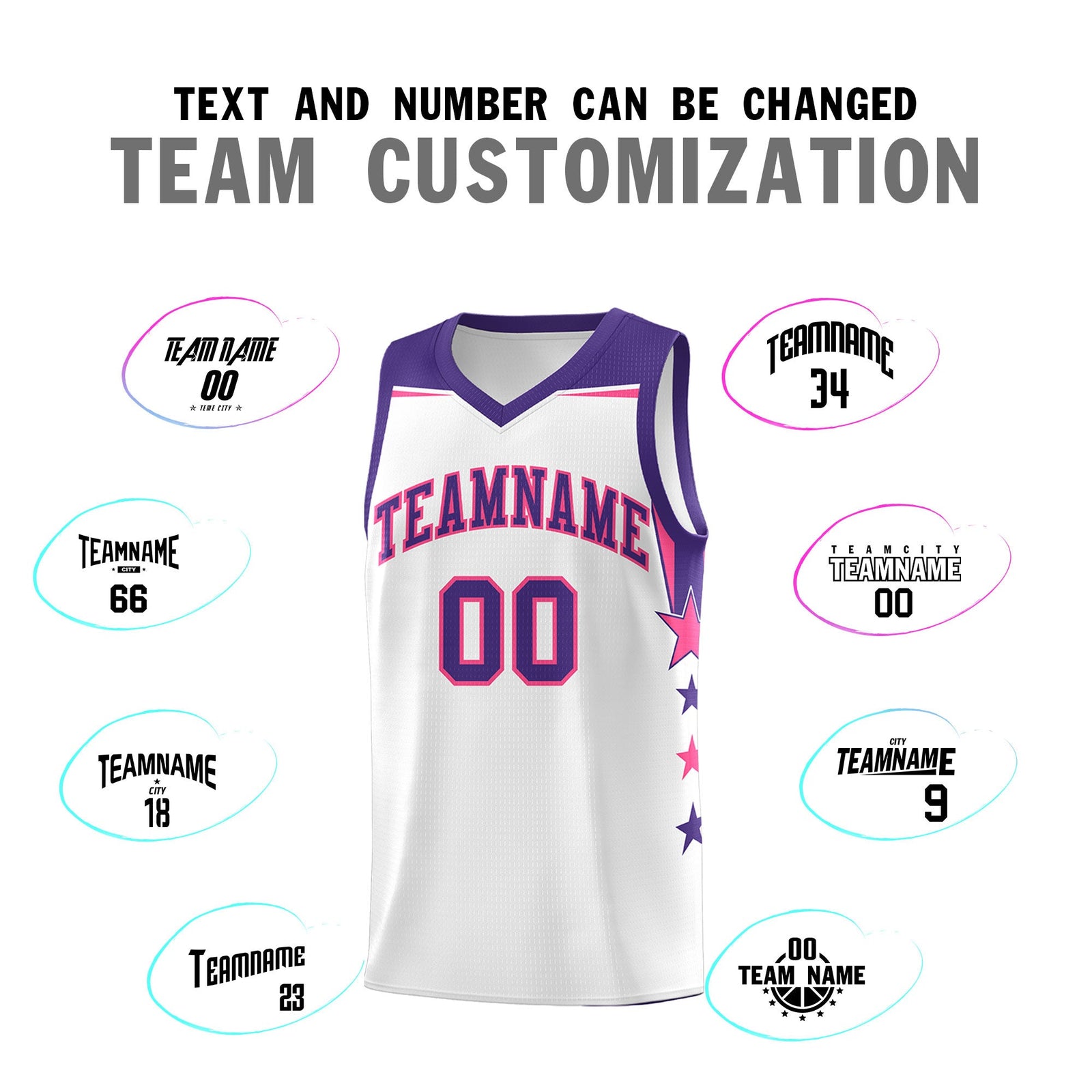 Custom Youth Basketball Uniform White Purple Two Tone Side Star Color Block Team Jersey