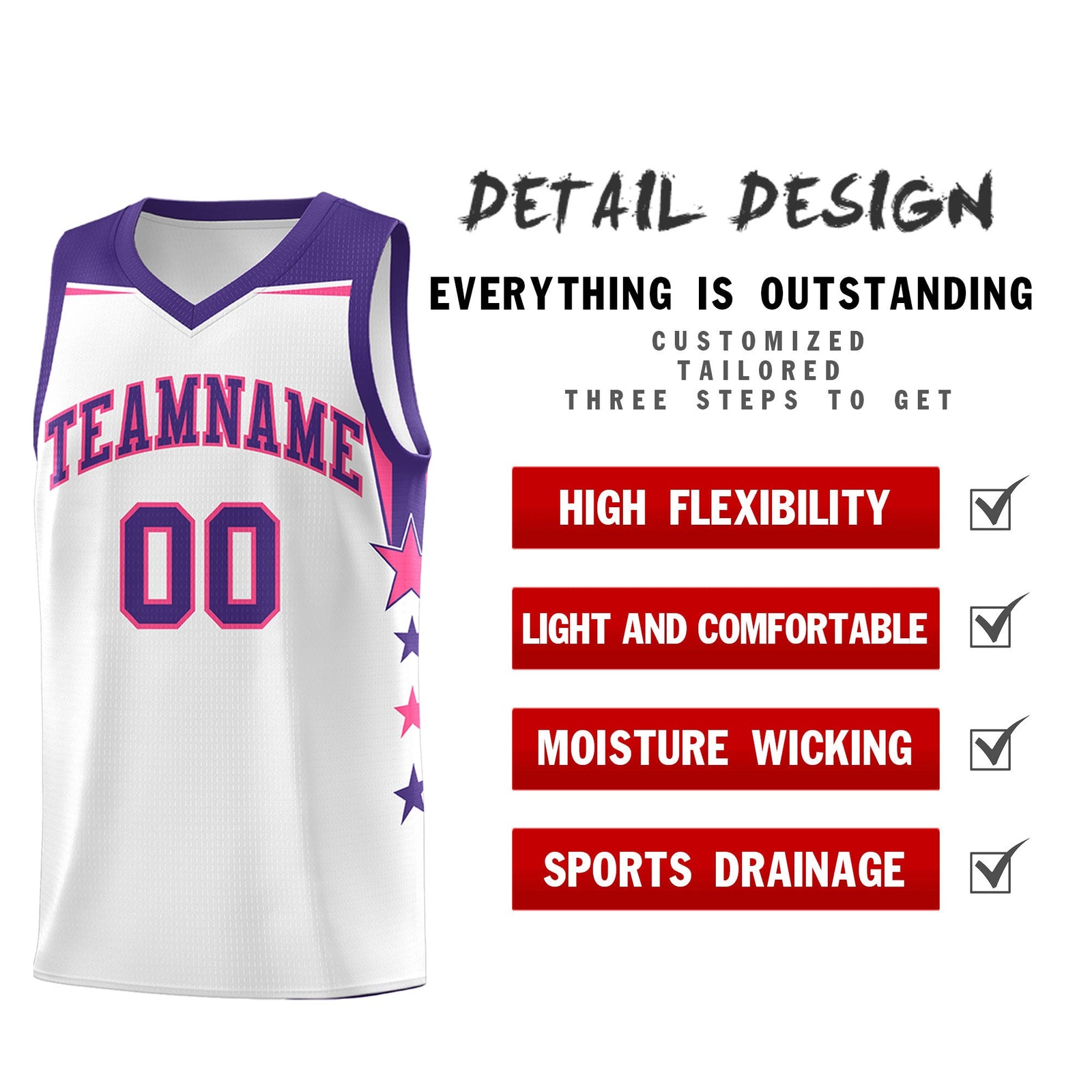 Custom Youth Basketball Uniform White Purple Two Tone Side Star Color Block Team Jersey