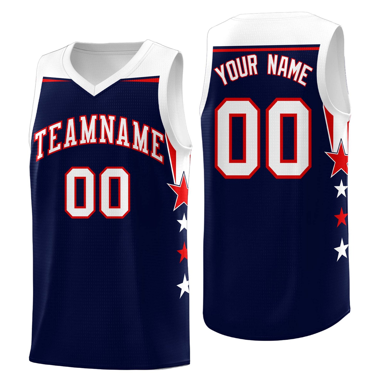 Custom Youth Basketball Uniform Navy White Two Tone Side Star Add Name Number & Logo