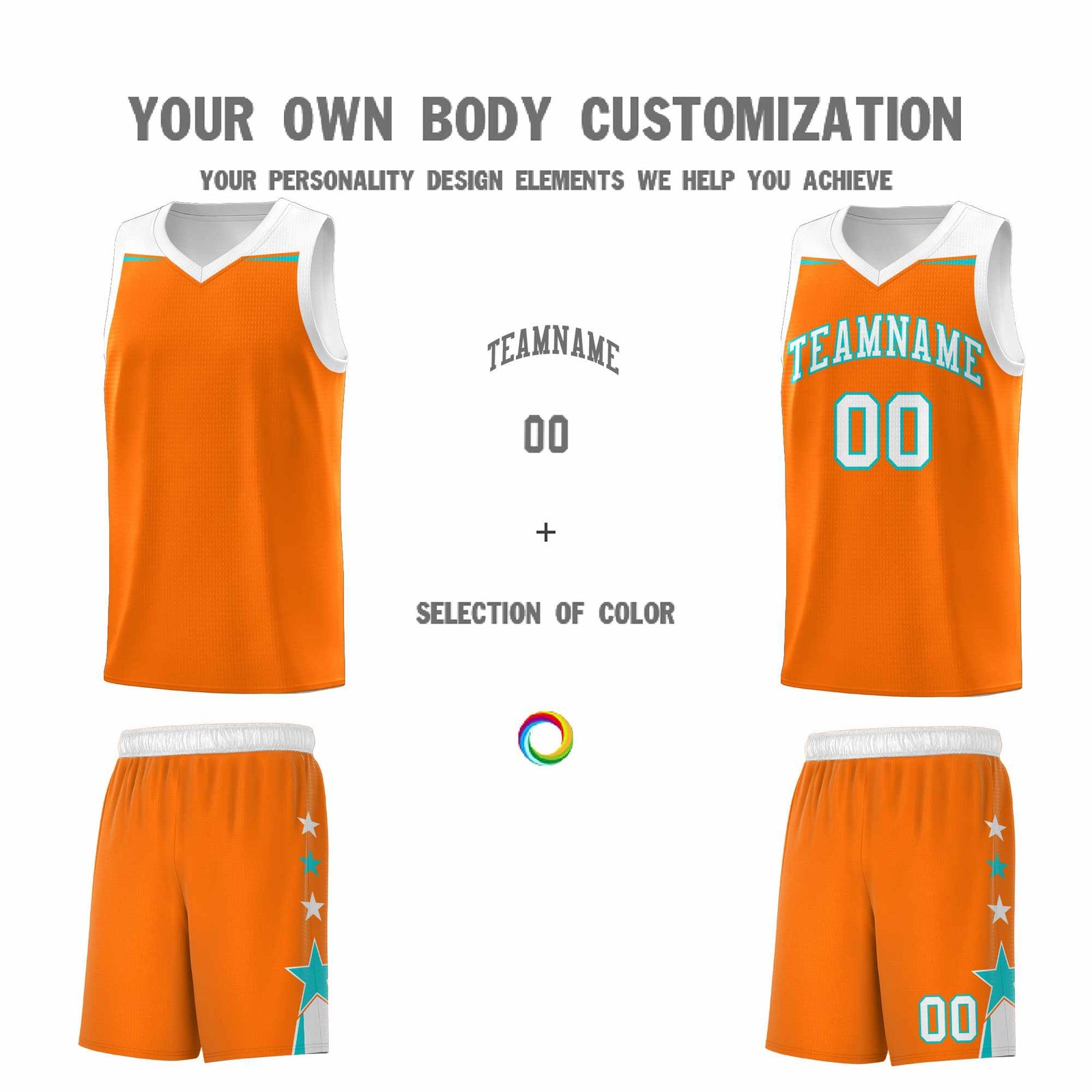 Custom Youth Basketball Uniform Orange White Two Tone Side Star Add Name Number & Logo