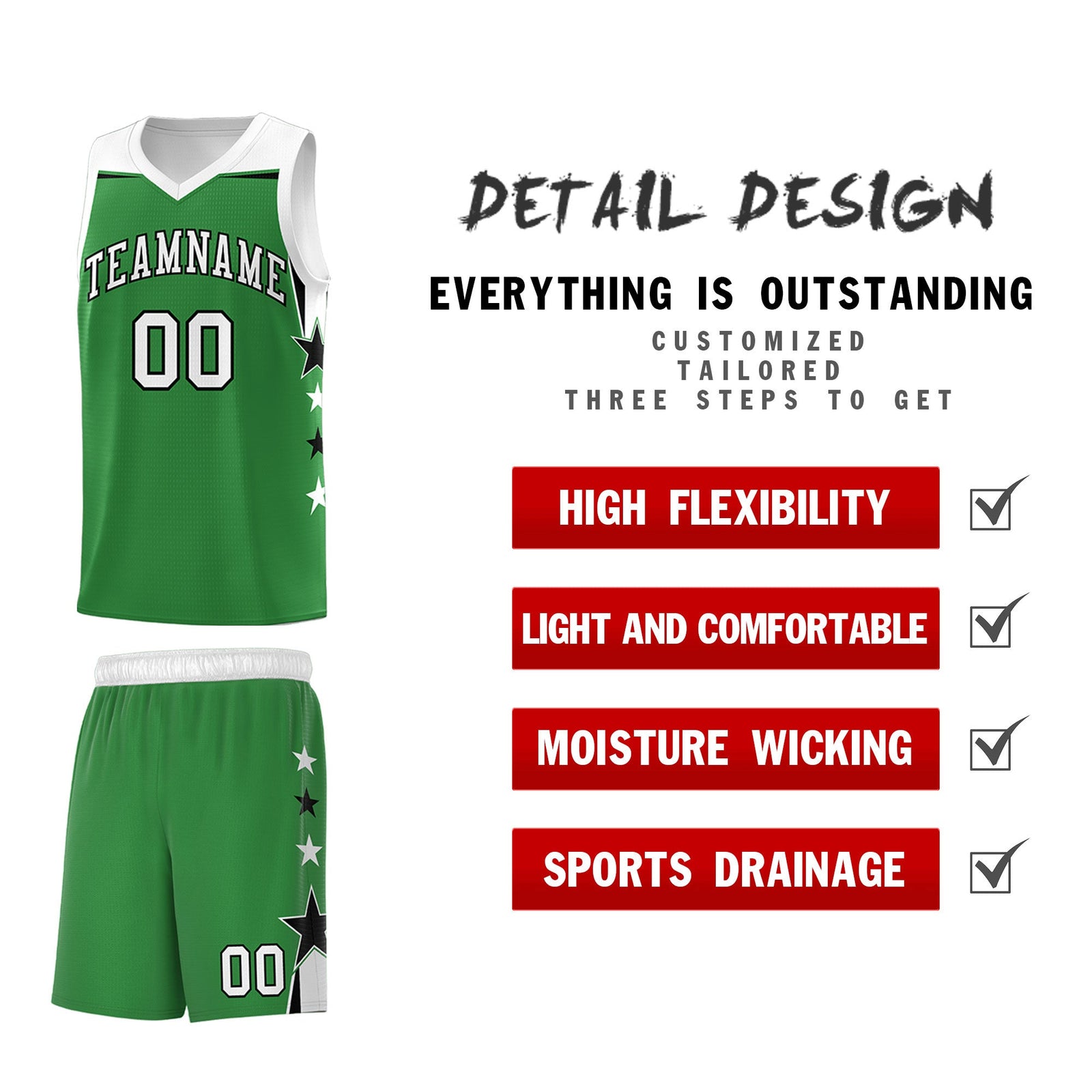 Custom Youth Basketball Uniform Kelly Green White Two Tone Side Star Add Name Number & Logo