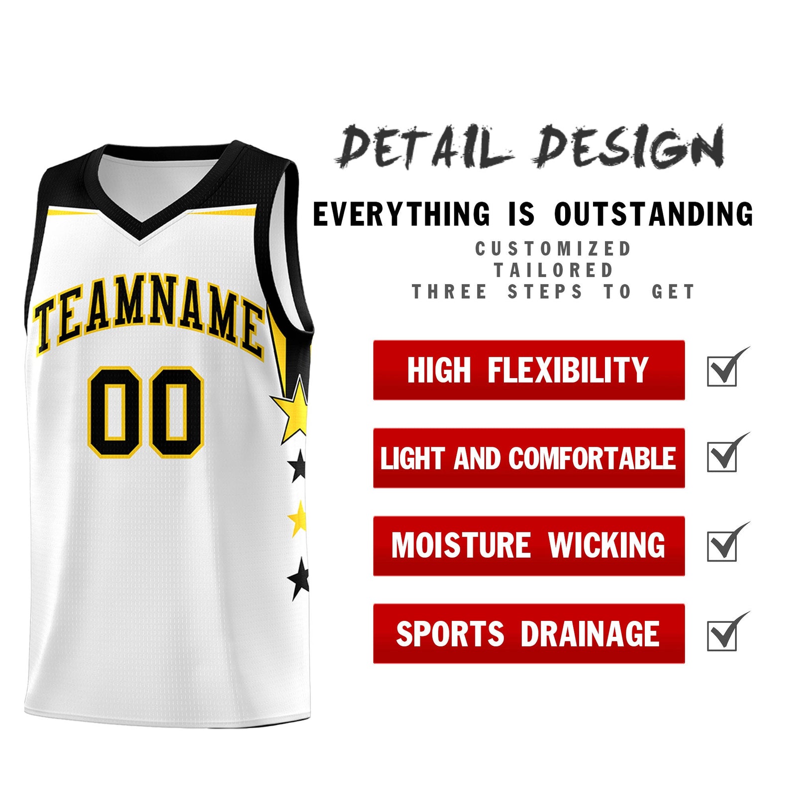 Custom Youth Basketball Uniform White Black Two Tone Side Star Color Block Team Jersey