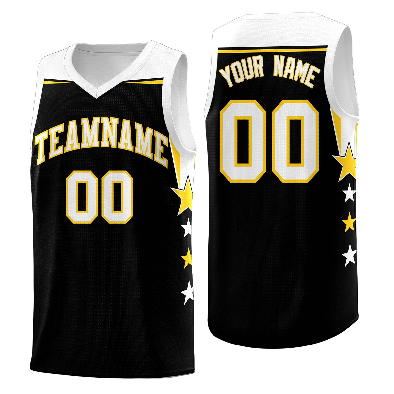 Custom Youth Basketball Uniform Black White Two Tone Side Star Add Name Number & Logo