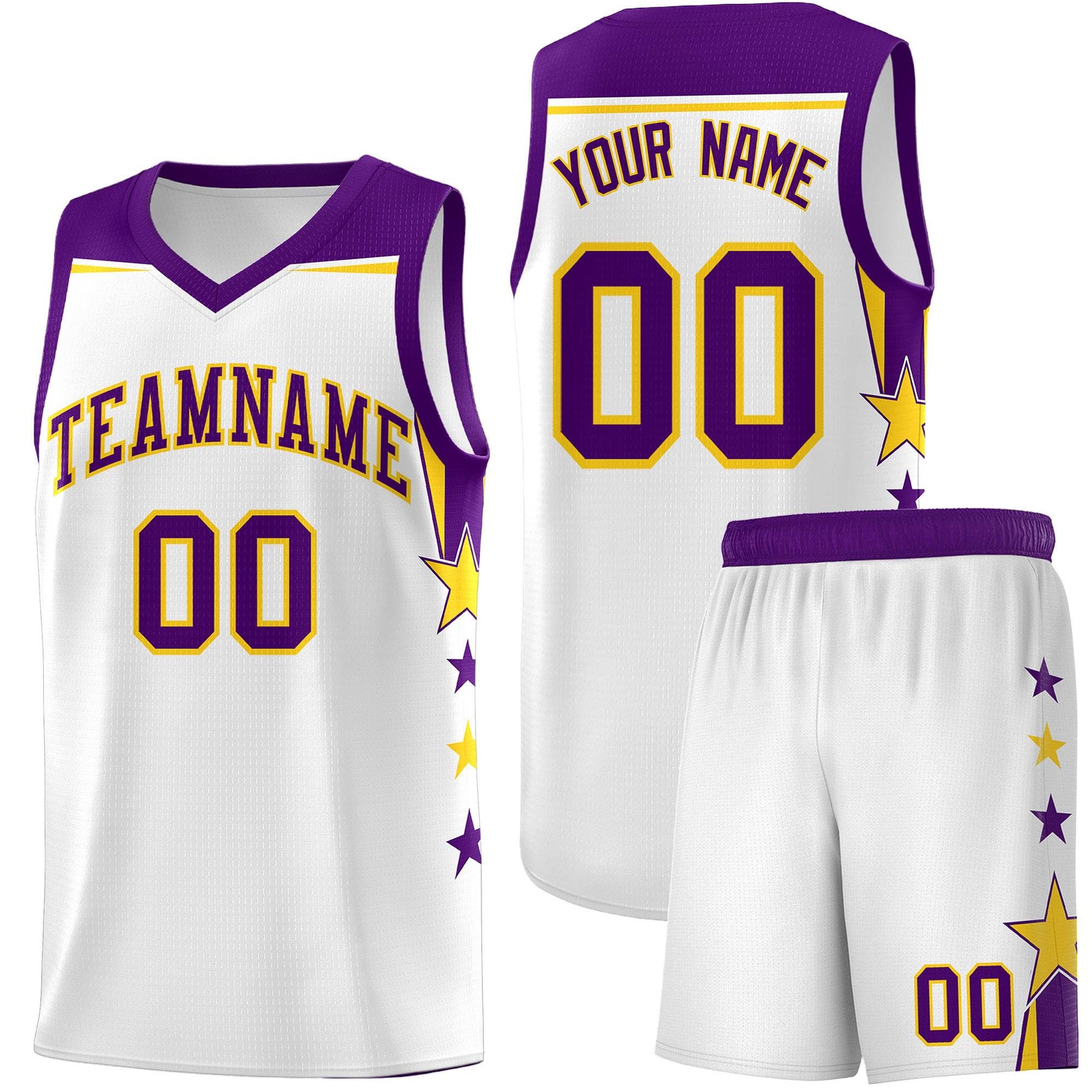 Custom Youth Basketball Uniform White Purple Two Tone Side Star Color Block Team Jersey