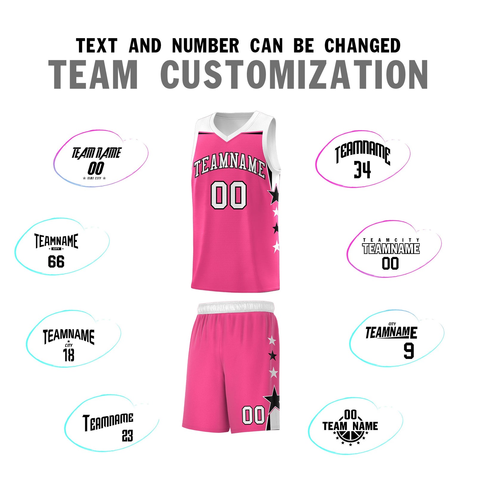 Custom Youth Basketball Uniform Pink White Two Tone Side Star Add Name Number & Logo