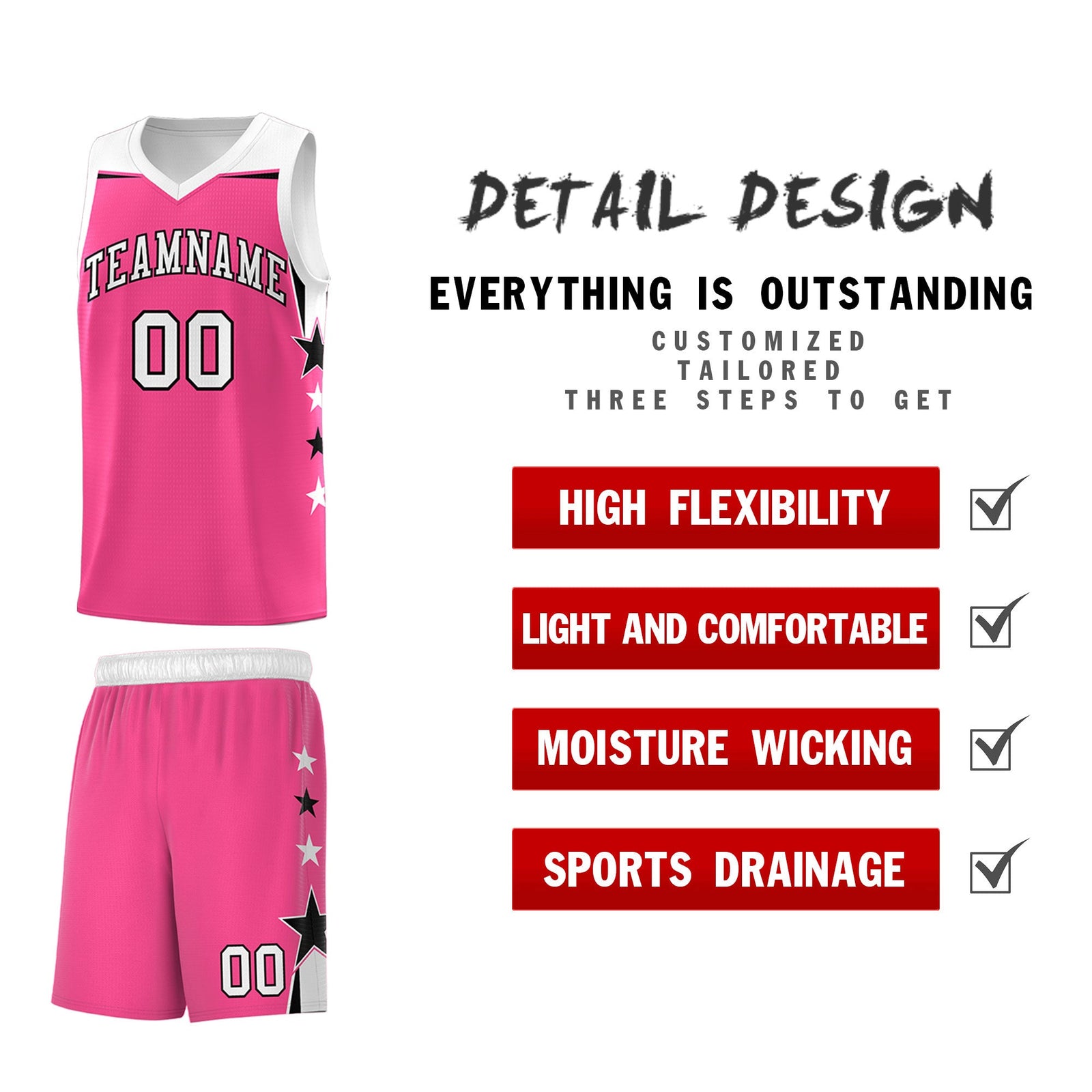Custom Youth Basketball Uniform Pink White Two Tone Side Star Add Name Number & Logo