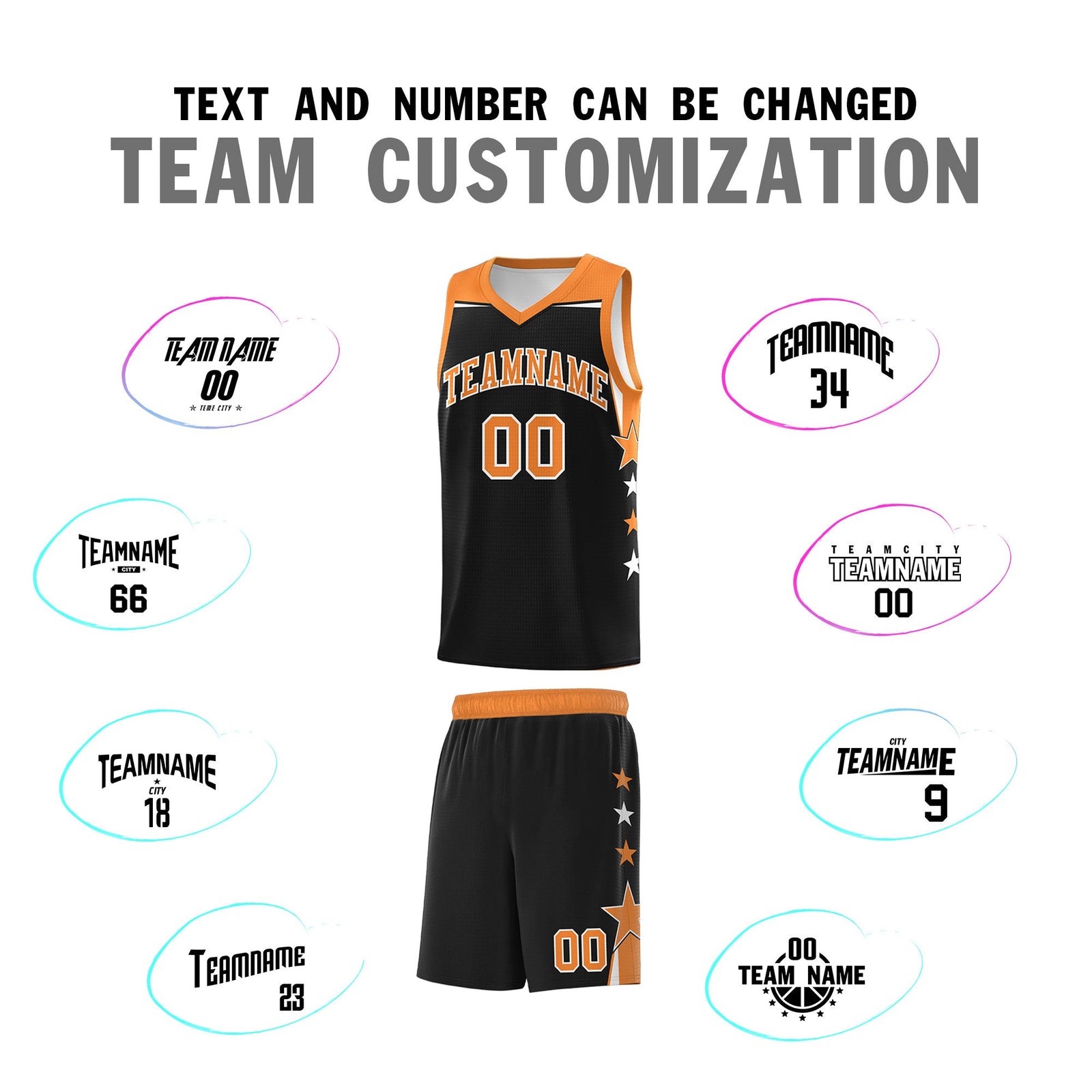 Custom Youth Basketball Uniform Black Gold Orange Two Tone Side Star Personalized Team Jersey