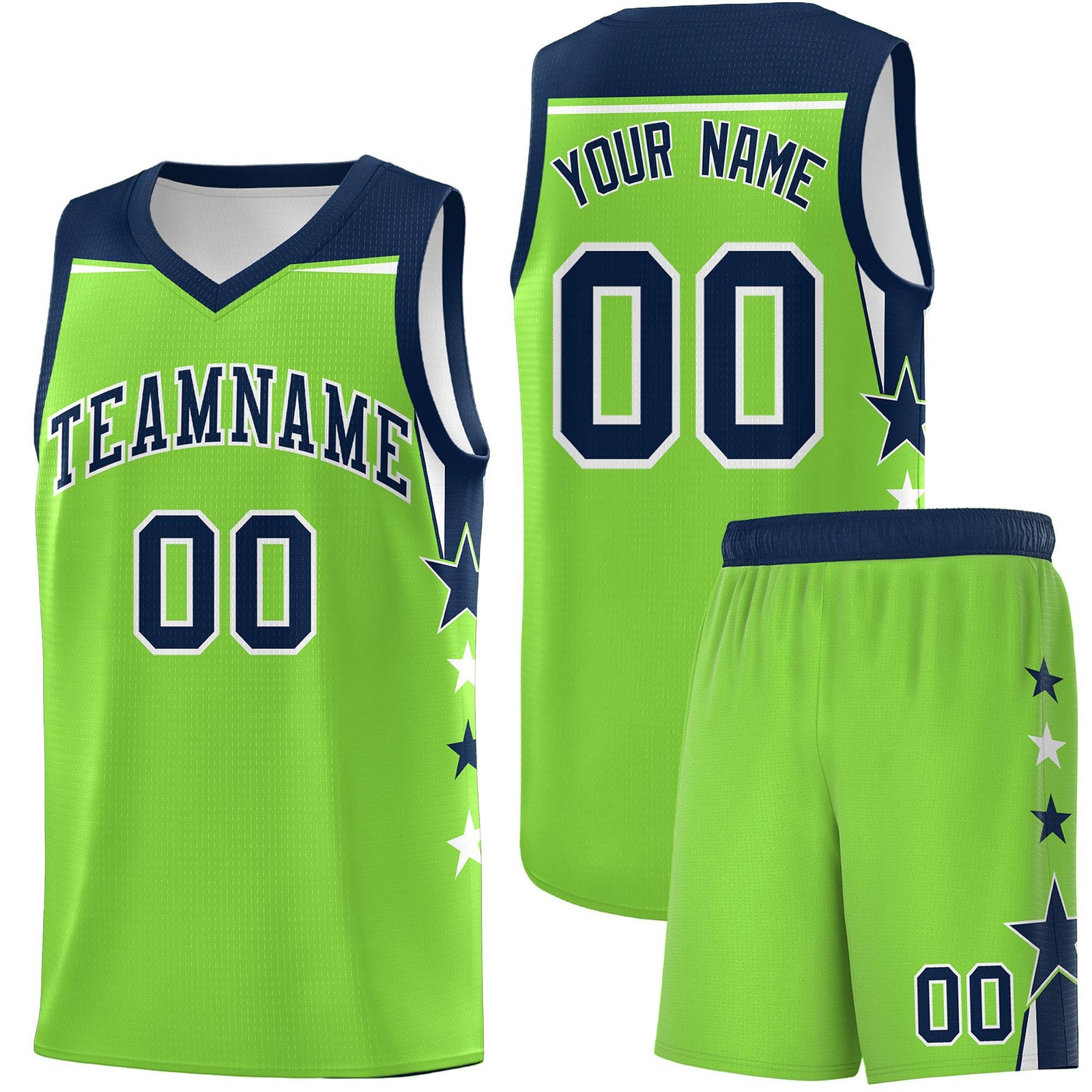 Custom Youth Basketball Uniform Fluorescent Green Navy Two Tone Side Star Personalized Team Jersey