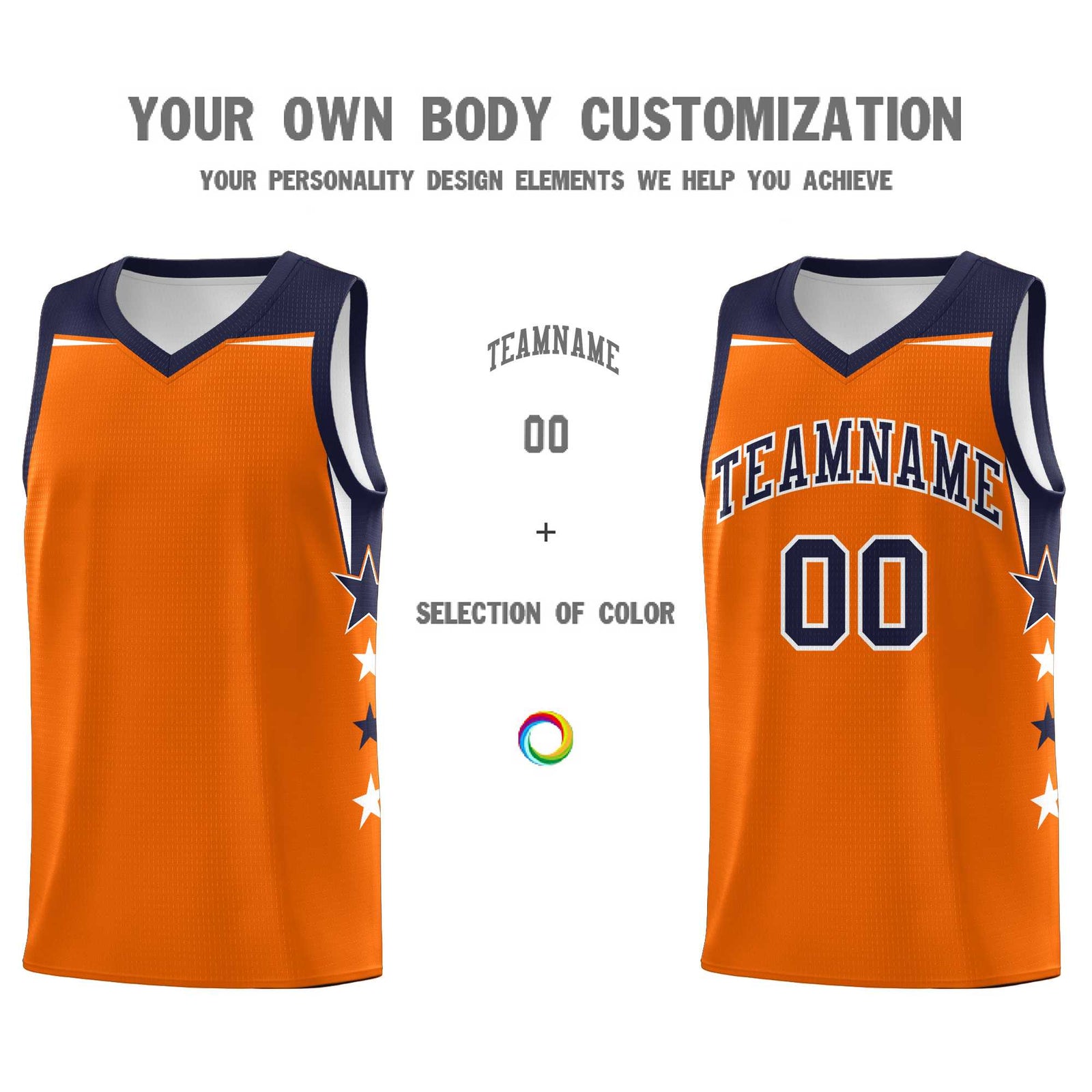 Custom Youth Basketball Uniform Orange Navy Two Tone Side Star Color Block Team Jersey