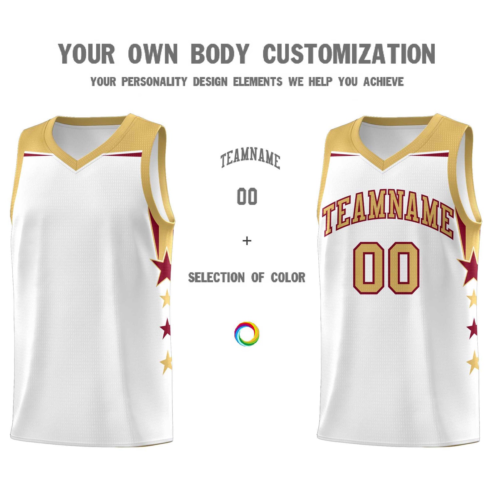 Custom Youth Basketball Uniform White Old Gold Two Tone Side Star Add Name Number & Logo