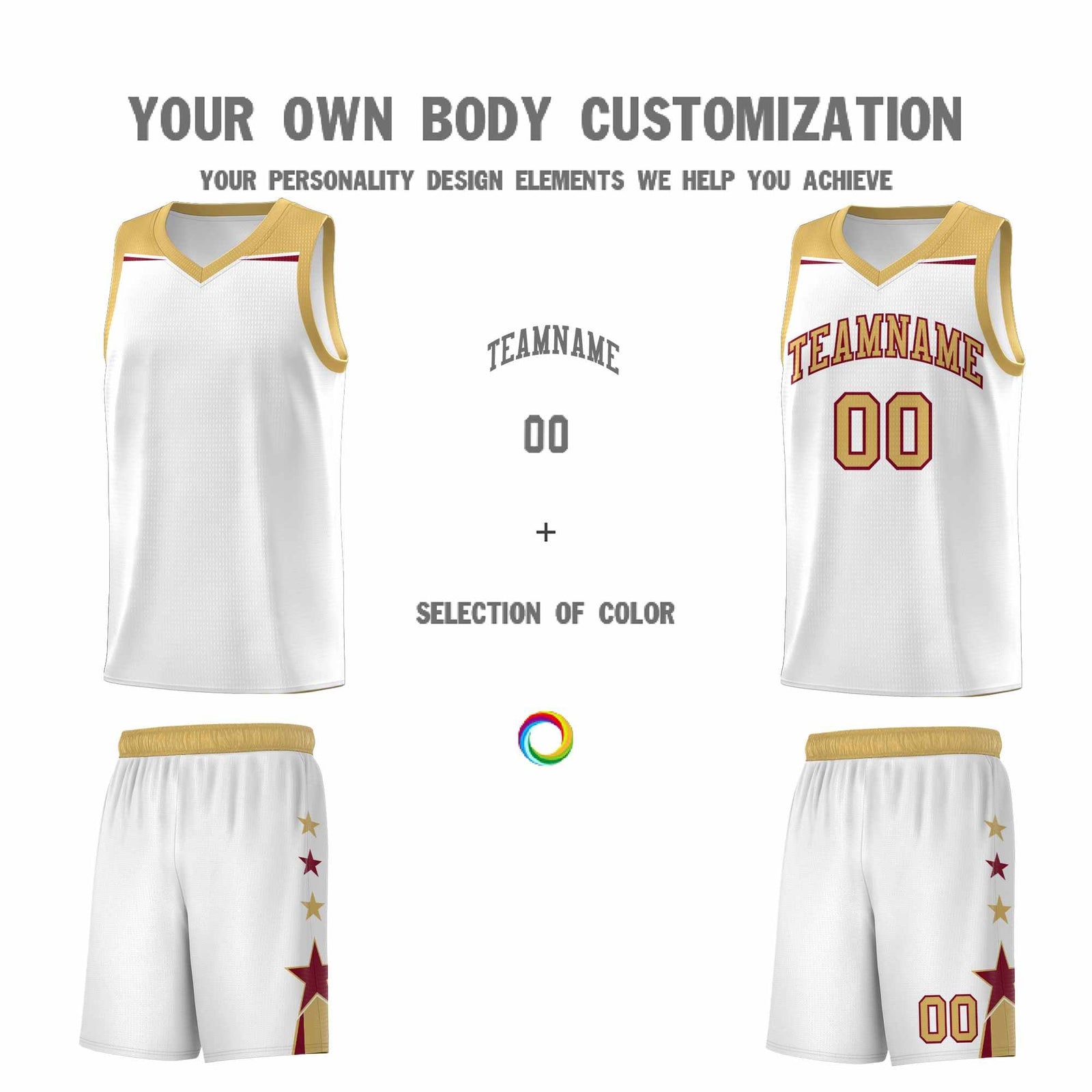 Custom Youth Basketball Uniform White Old Gold Two Tone Side Star Add Name Number & Logo