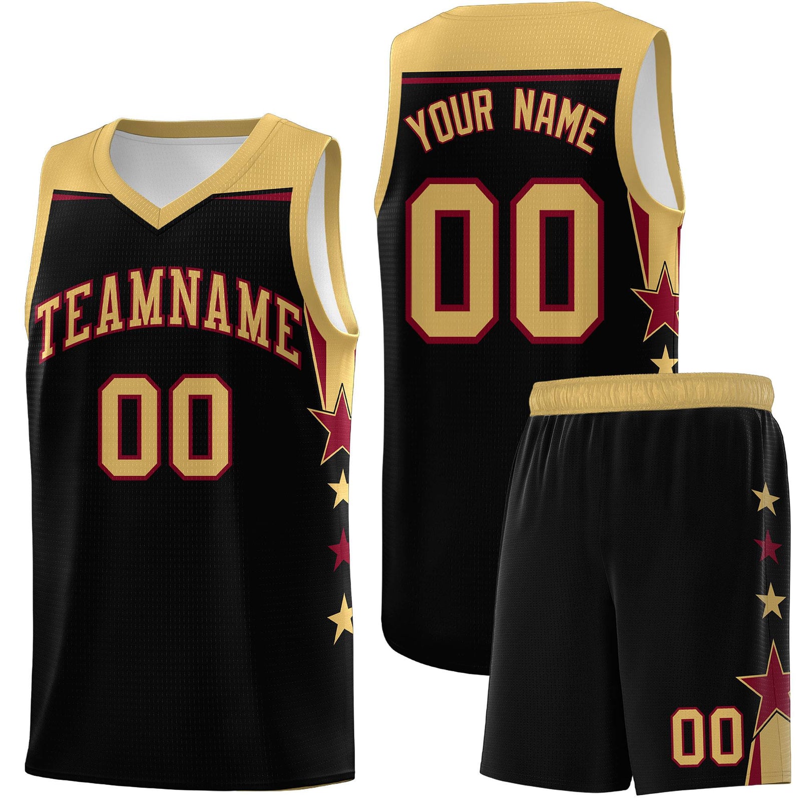 Custom Youth Basketball Uniform Black Old Gold Two Tone Side Star Add Name Number & Logo