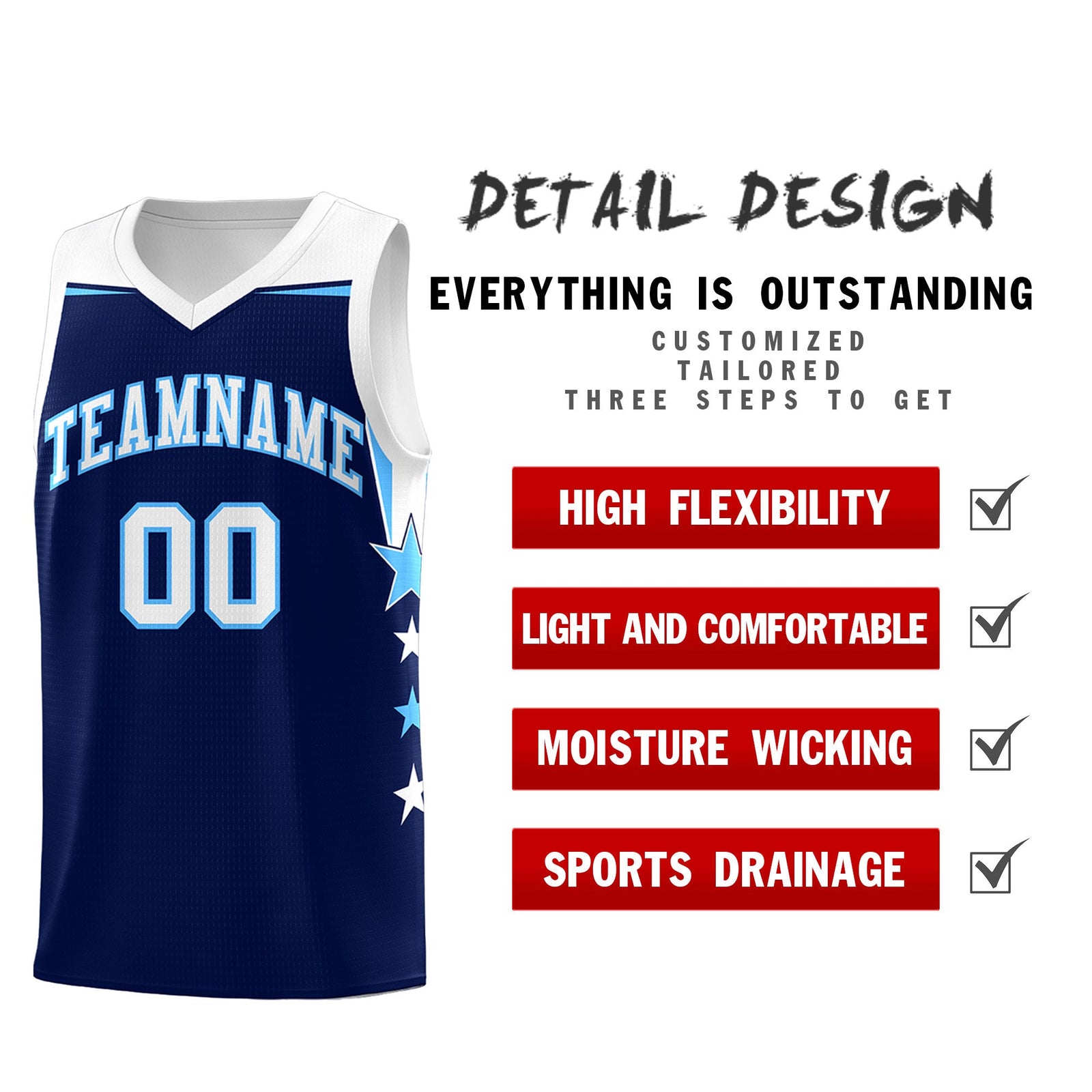 Custom Youth Basketball Uniform Navy White Two Tone Side Star Personalized Team Jersey
