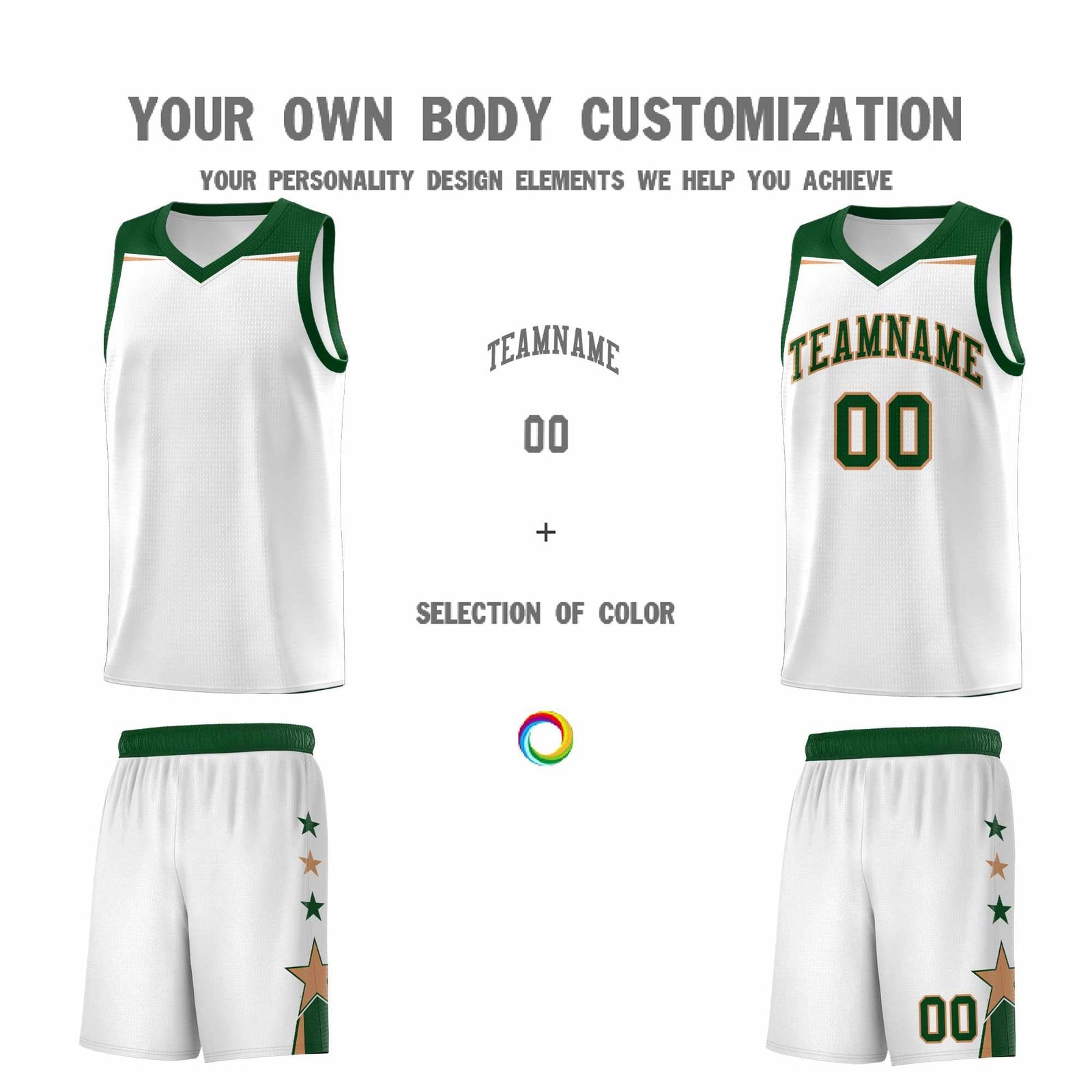 Custom Youth Basketball Uniform White Green Two Tone Side Star Add Name Number & Logo