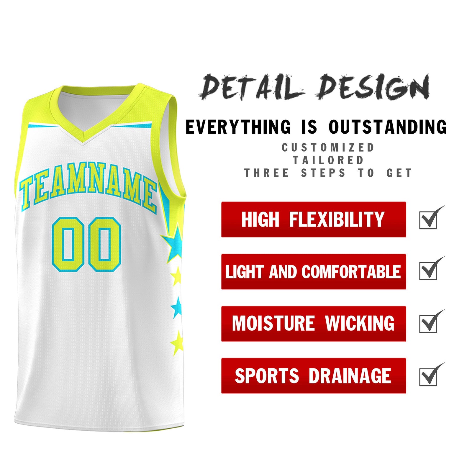 Custom Youth Basketball Uniform White Fluorescent Green Two Tone Side Star Add Name Number & Logo