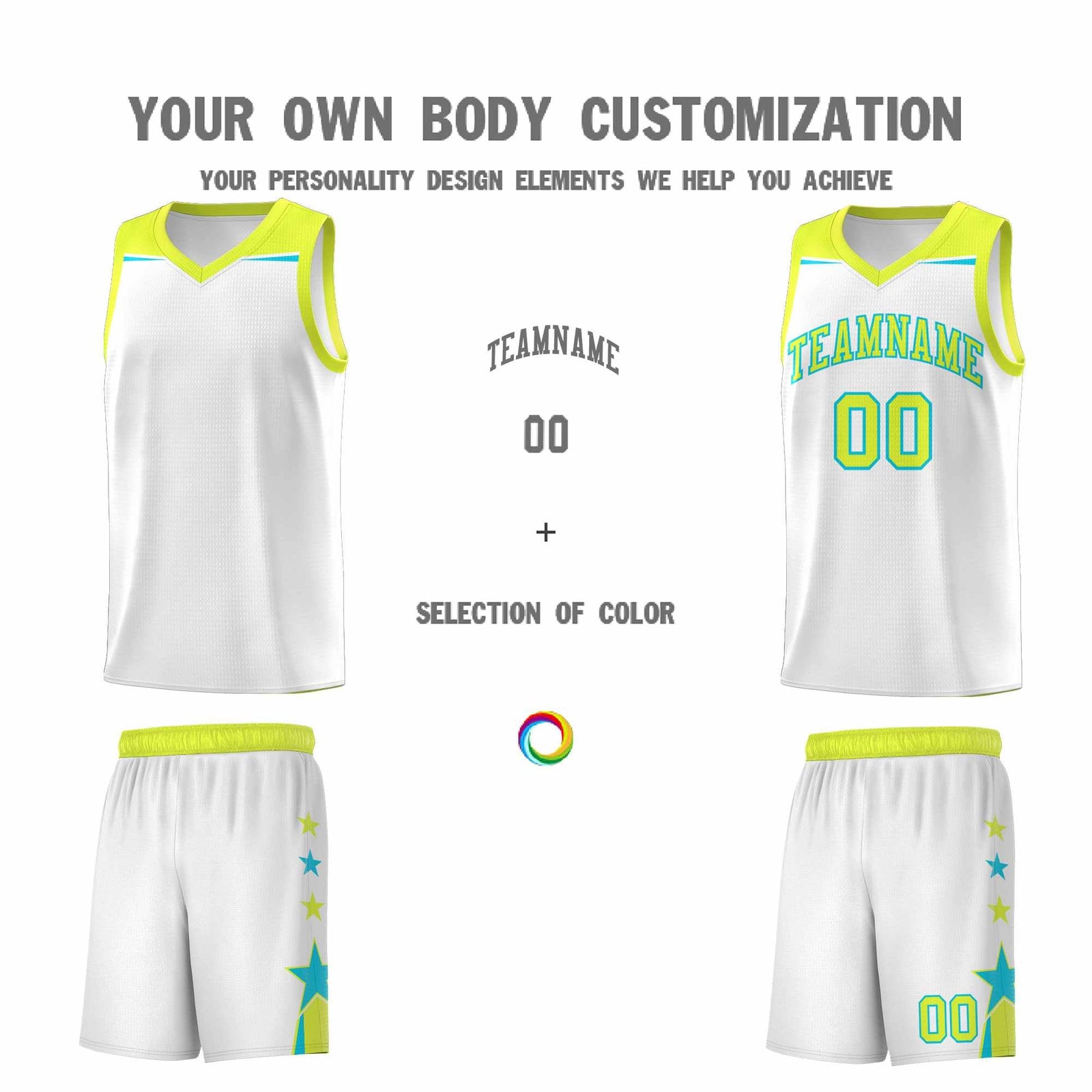 Custom Youth Basketball Uniform White Fluorescent Green Two Tone Side Star Add Name Number & Logo