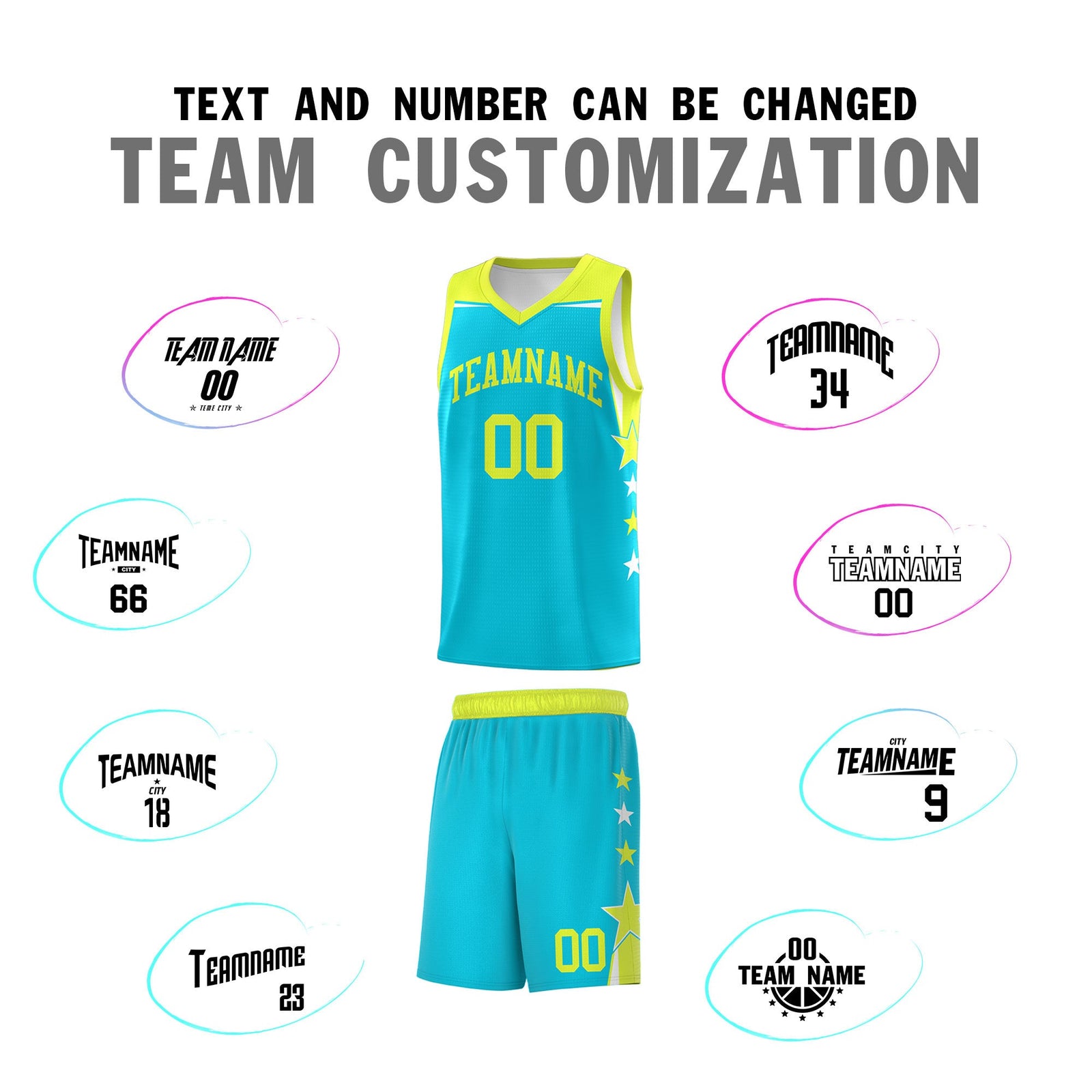 Custom Youth Basketball Uniform Sky Blue Fluorescent Green Two Tone Side Star Color Block Team Jersey