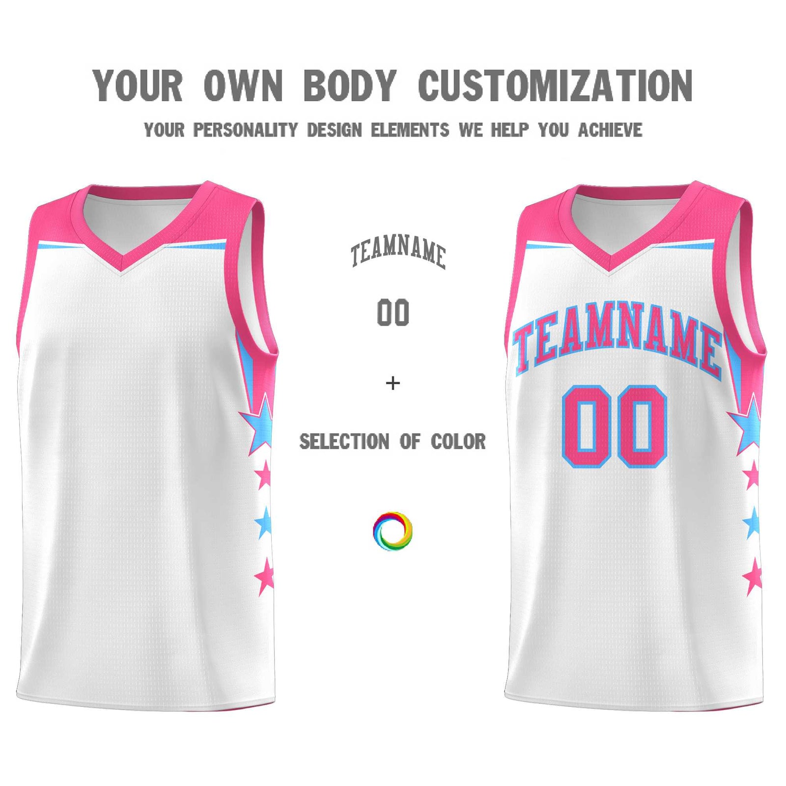 Custom Youth Basketball Uniform White Pink Two Tone Side Star Add Name Number & Logo